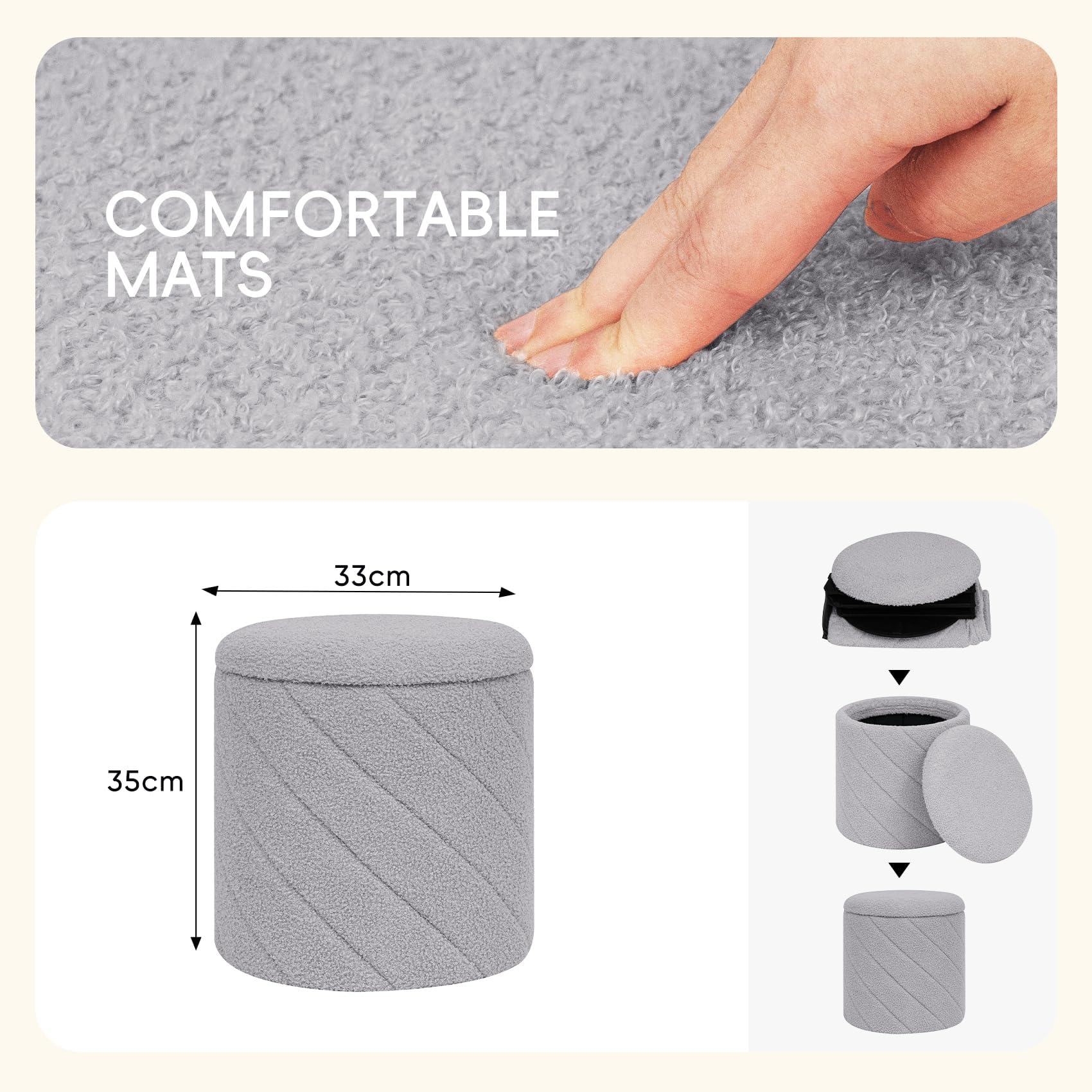 PINPLUS Pouf rotondo con contenitore, poggiapiedi convertibile in morbido bouclé, imbottito e pieghevole, per soggiorno e camera da letto, 33 x 33 x 35 cm, grigio