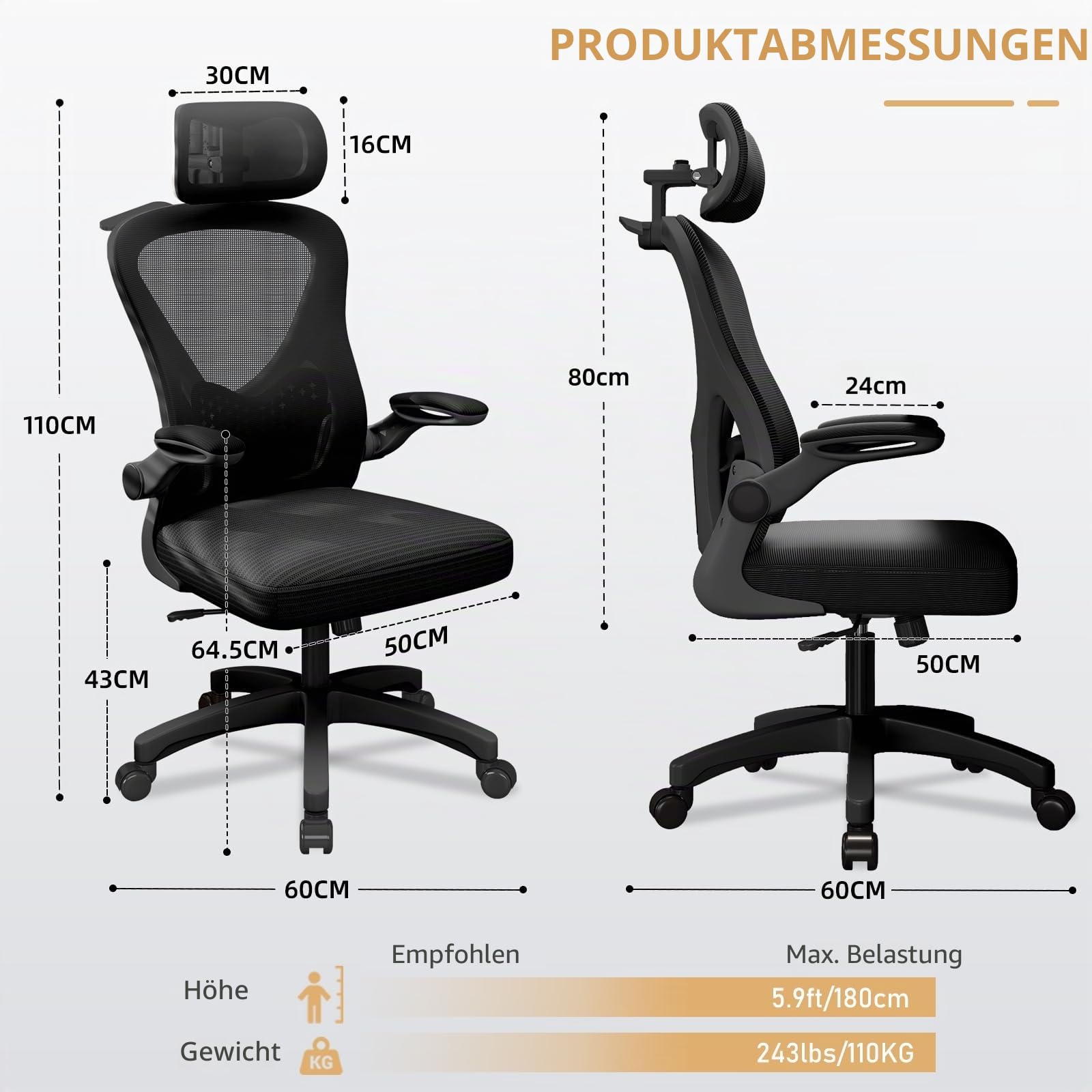 BüRostuhl, Office Chair Mit 90° Hochklappbare Armlehnen und 3D-KopfstüTze, Ergonomischer Netz-BüRostuhl, 10 cm HöHenverstellbar, Weiches 50 X 50 cm Sitzkissen, 360° Drehbar, Schwarz