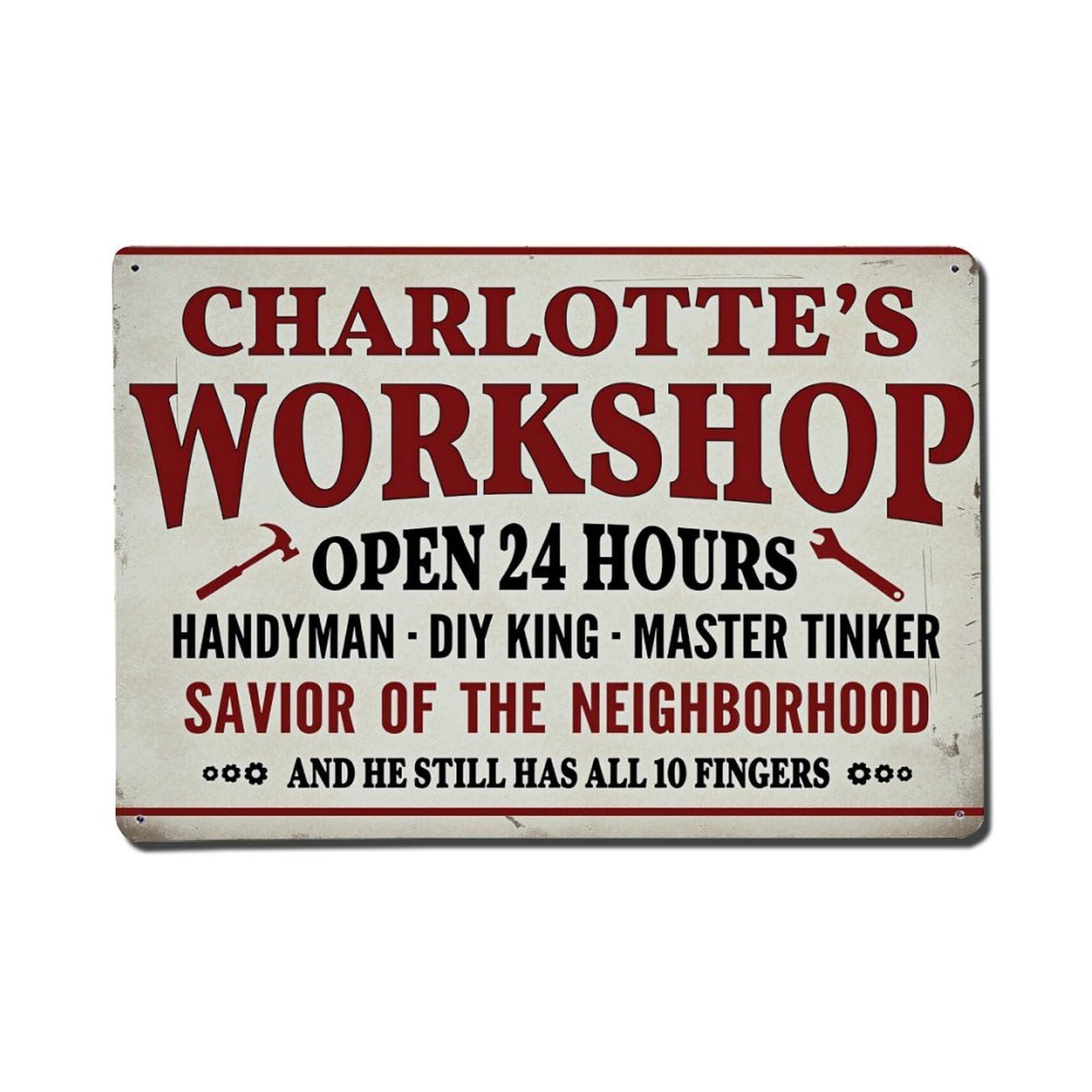 Charlotte's Workshop Sign Pattern Print Metal Tin Sign Plaque