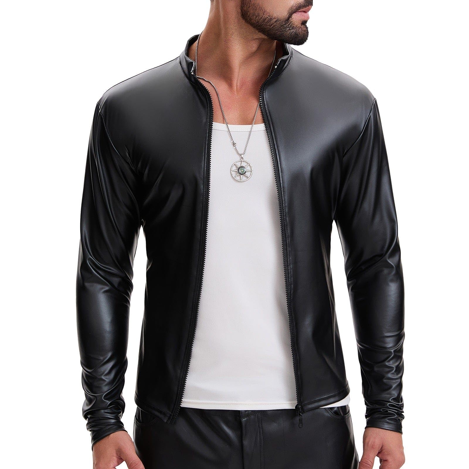 Chaqueta de cuello alto de cuero suave brillante para hombre, camisa de manga larga con cremallera completa, color liso elástico casual