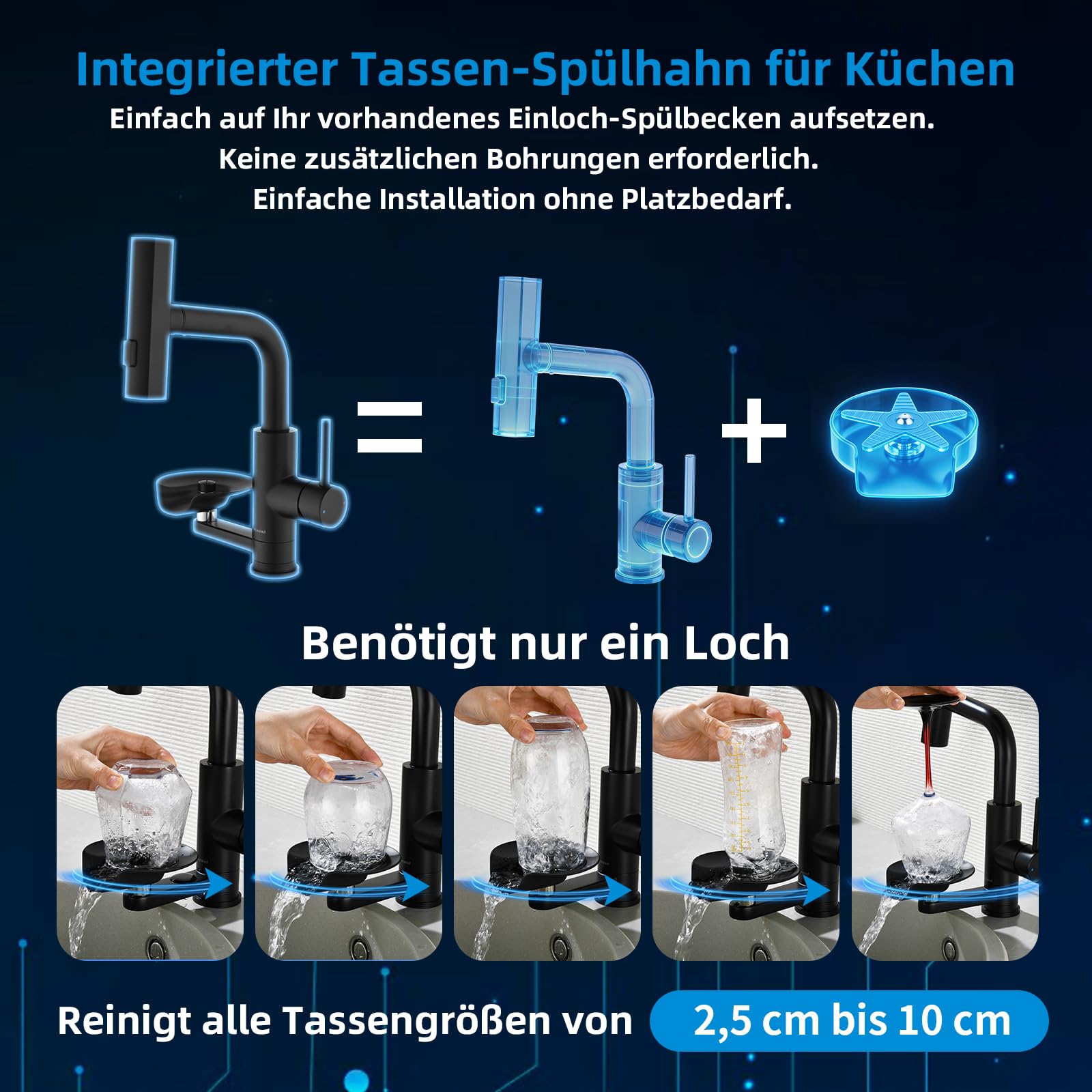 Robinet de Cuisine Noir Mynaiad Avec Lave-Verres, Mitigeur Monocommand Extractible à Trois Modes de Sortie, Mitigeur Cuisine en Acier Inoxydable 304, Rotation 360° pour Salle de Bain, Bars et Cuisine - 4