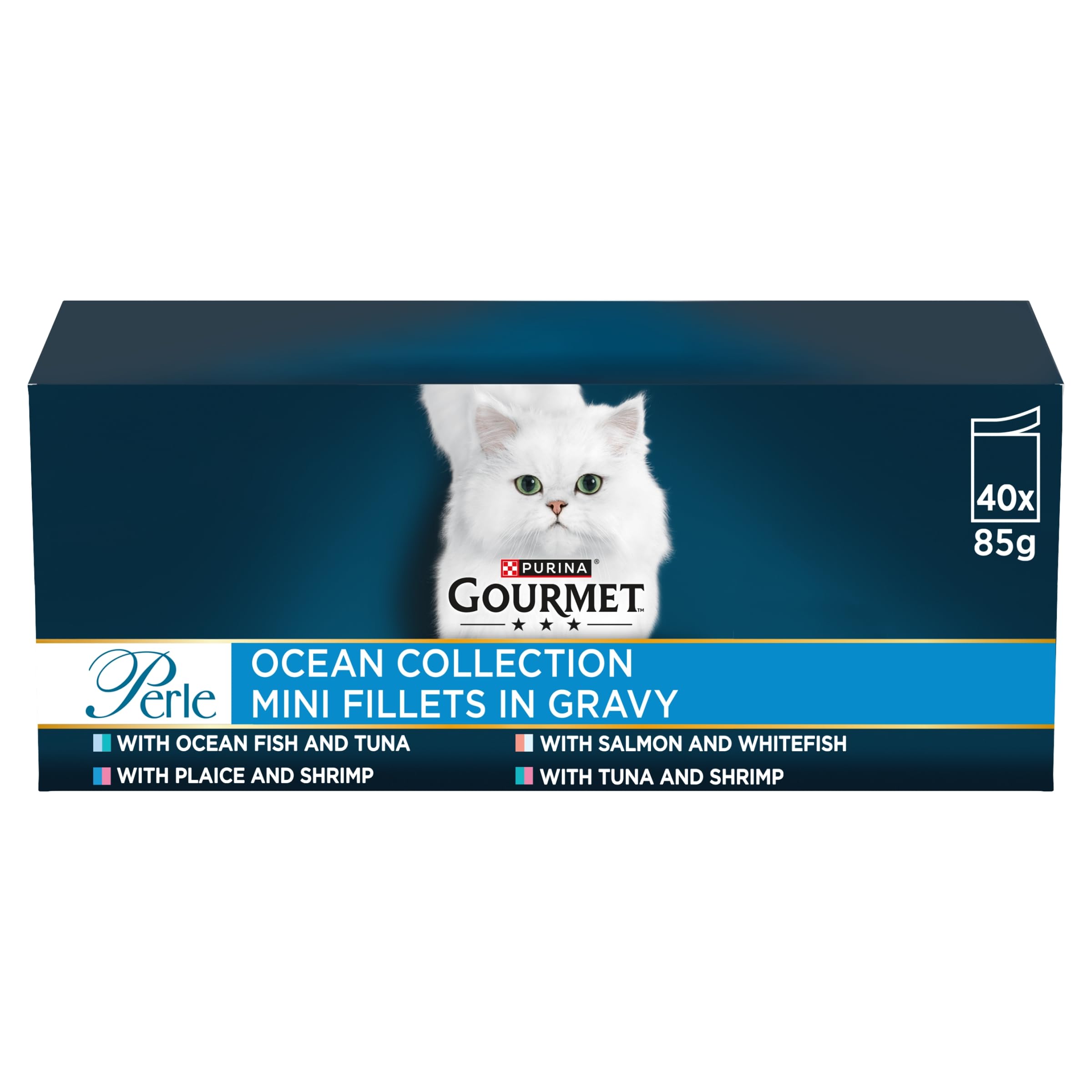 Gourmet Wet Cat Food Pouches in Gravy - Gourmet Perle Ocean Collection 40 x 85g - Mini Fillets - Mix of Whole Shrimps, Ocean Fish, Salmon and more, Cat Food Wet, Cat Wet Food for Adult and Senior Cats
