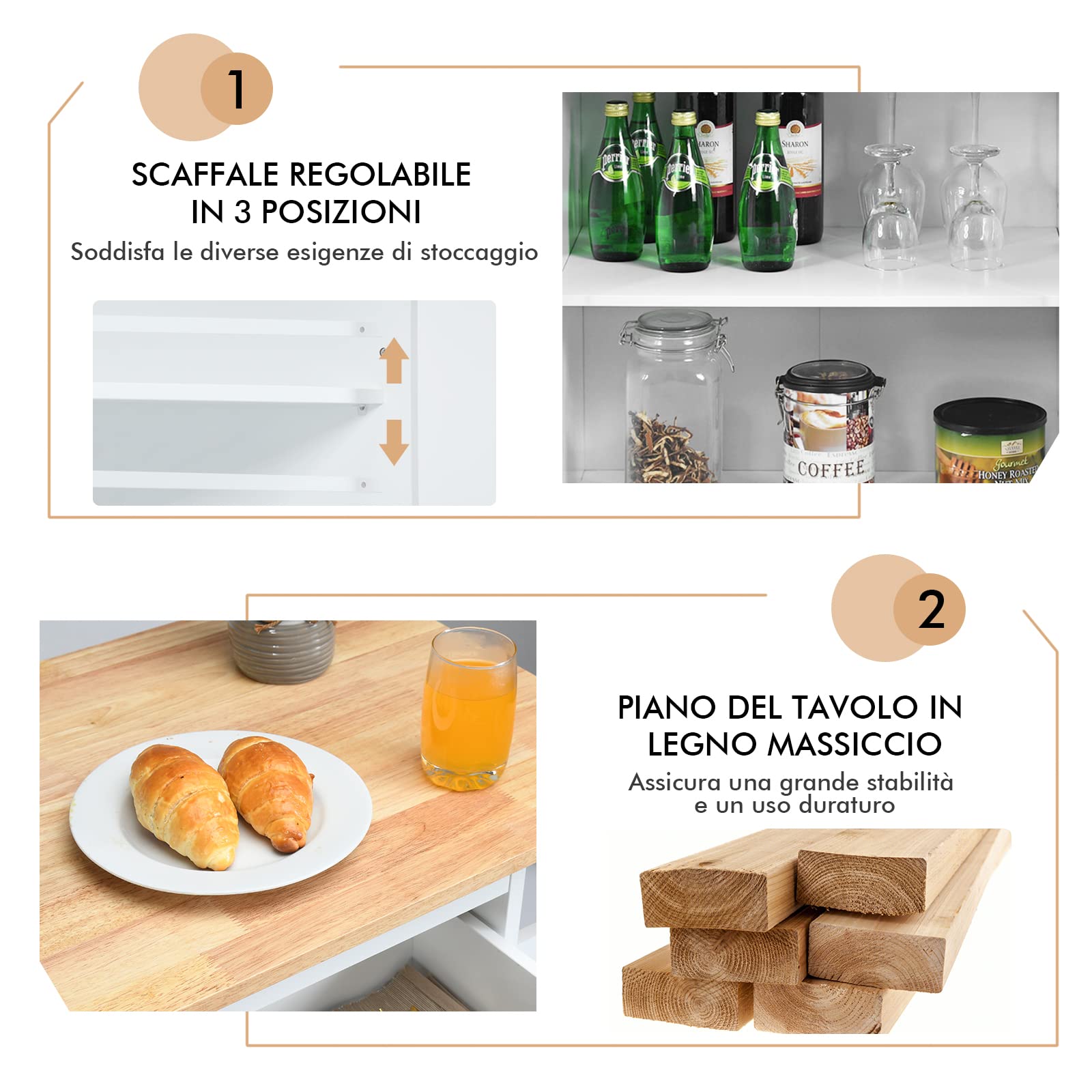 COSTWAY Carrello di Servizio Cucina con Ruote, 2 Cassetti e Portaspezie, Portasciugamani e 2 Porte, Ideale per Casa Ristorante e Bar, MDF + legno di gomma 88x45x89,5 cm (Bianco)