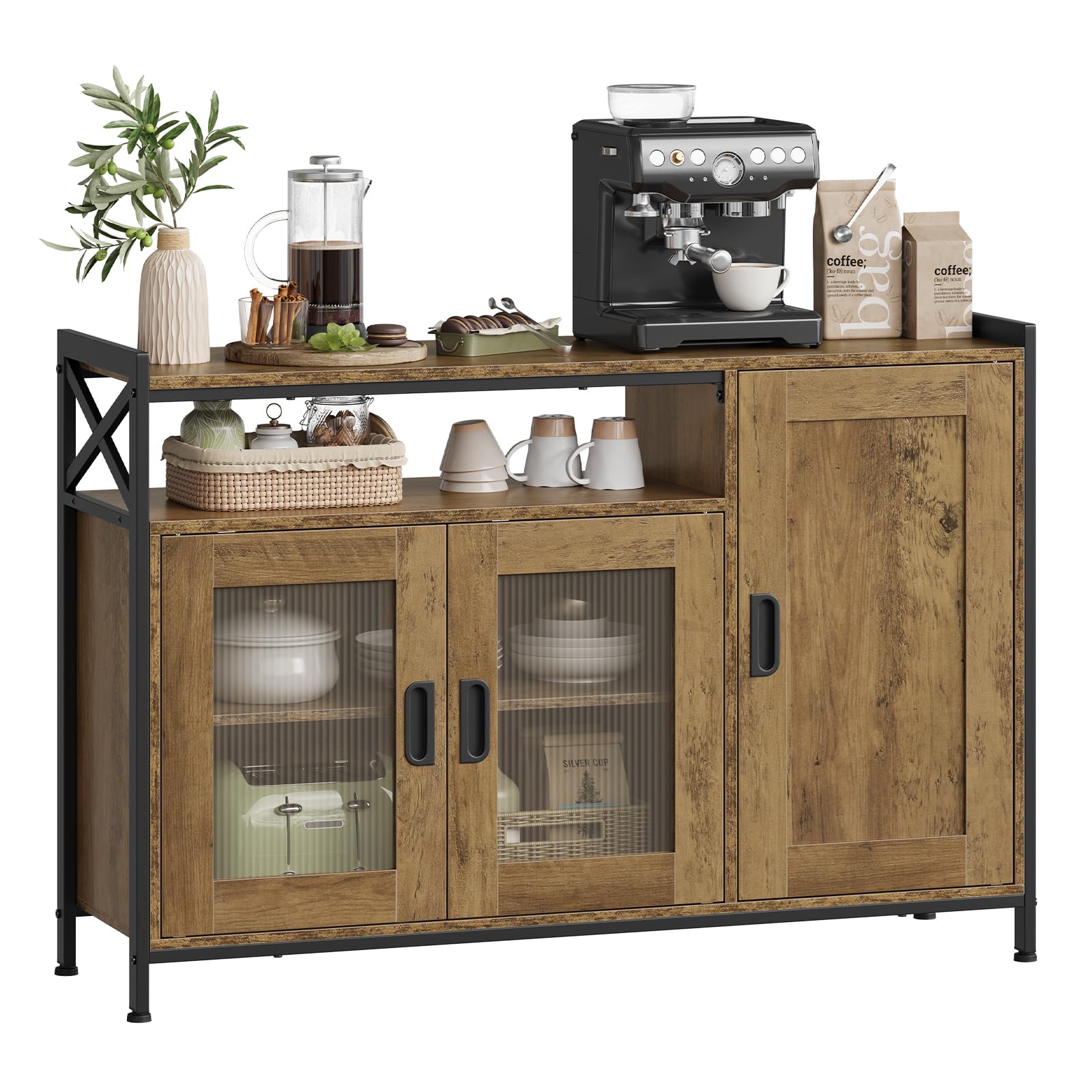 WOLTU Credenza Cucina con 3 Ante, Mobile Buffet Salvaspazio con 2 Ripiani Regolabile, in Legno e Metallo, per Cucina, Soggiorno, Ingresso, 110x33x75 cm, Effetto Legno Marrone