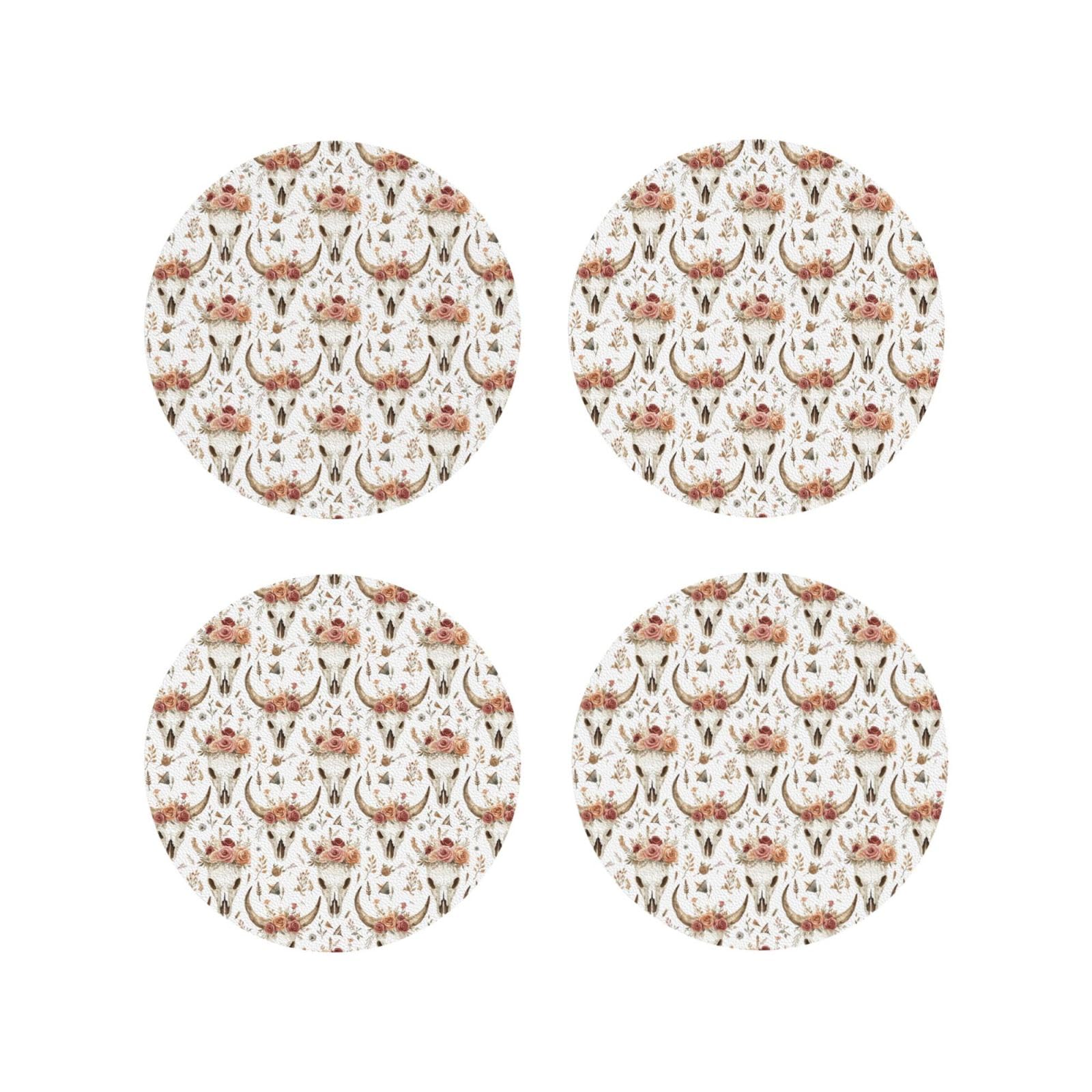 Smazdfxx Women's As Pic Leather Coasters Set Of 4 - Rose Sheep Skull Print Lightweight Drink Coasters For Desk
