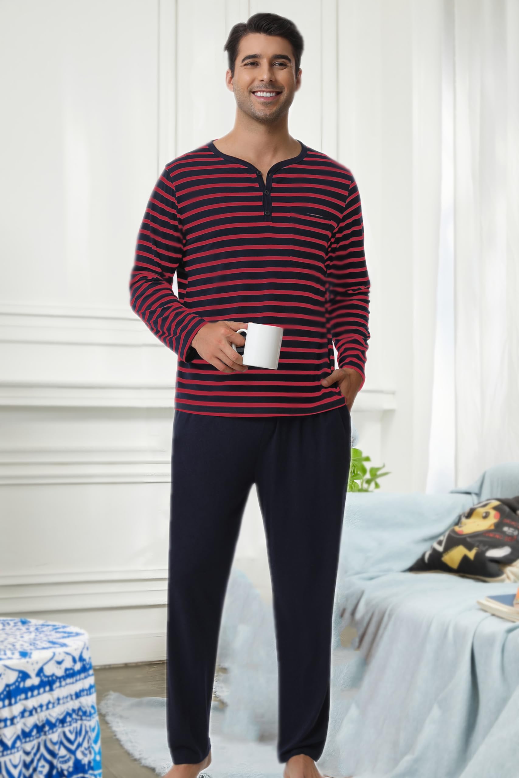 Pigiami Due Pezzi Uomo Maglia Maniche Lunghe + Pantaloni, Pigiami e Abbigliamento da Notte-Strisce/Rosso Blu/3XL