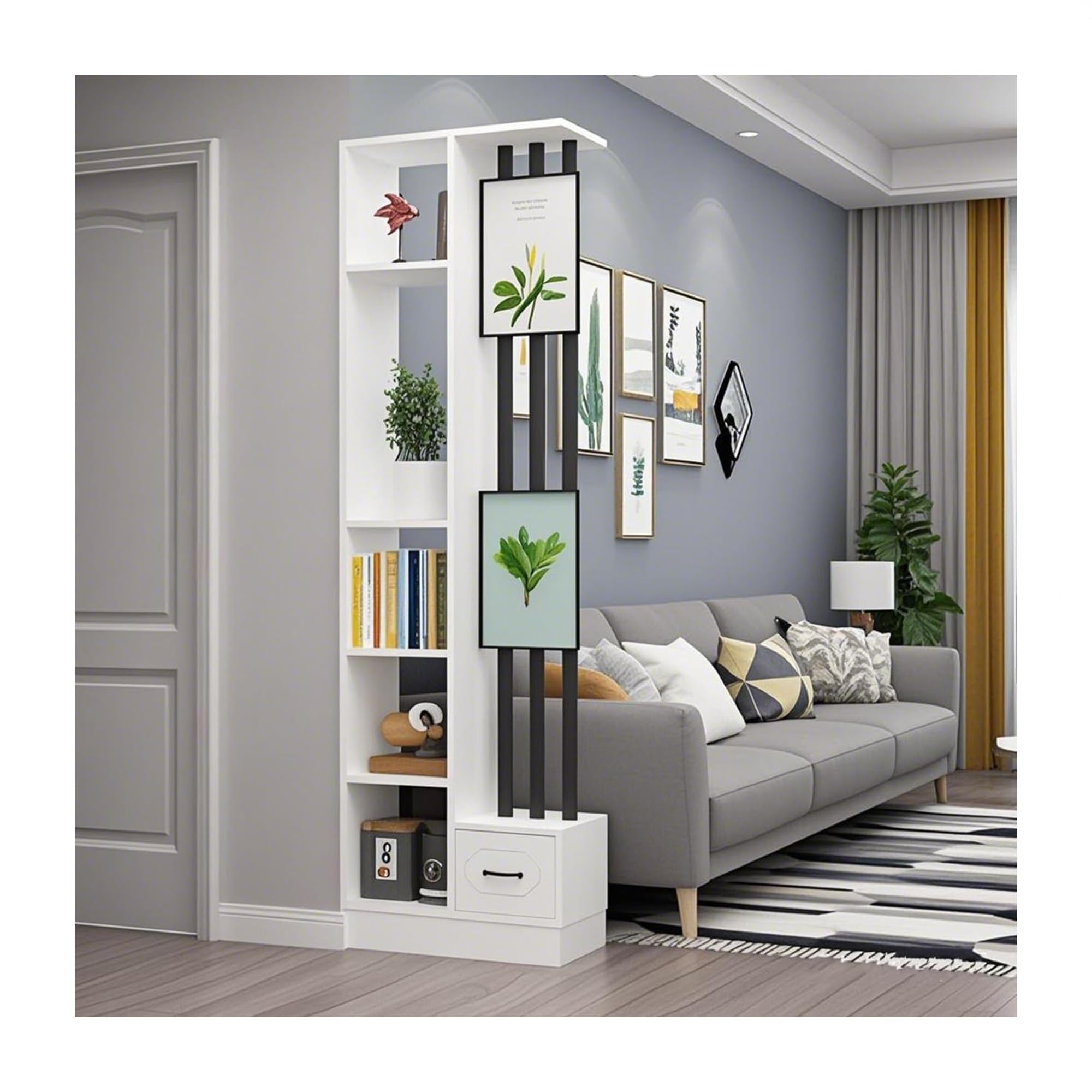 Parete divisoria moderna con ripiani e cassetti, divisorio con spazio di archiviazione, divisorio indipendente per la privacy, per soggiorno, camera da letto, ufficio(White+Black,L:60cm/23.6in)