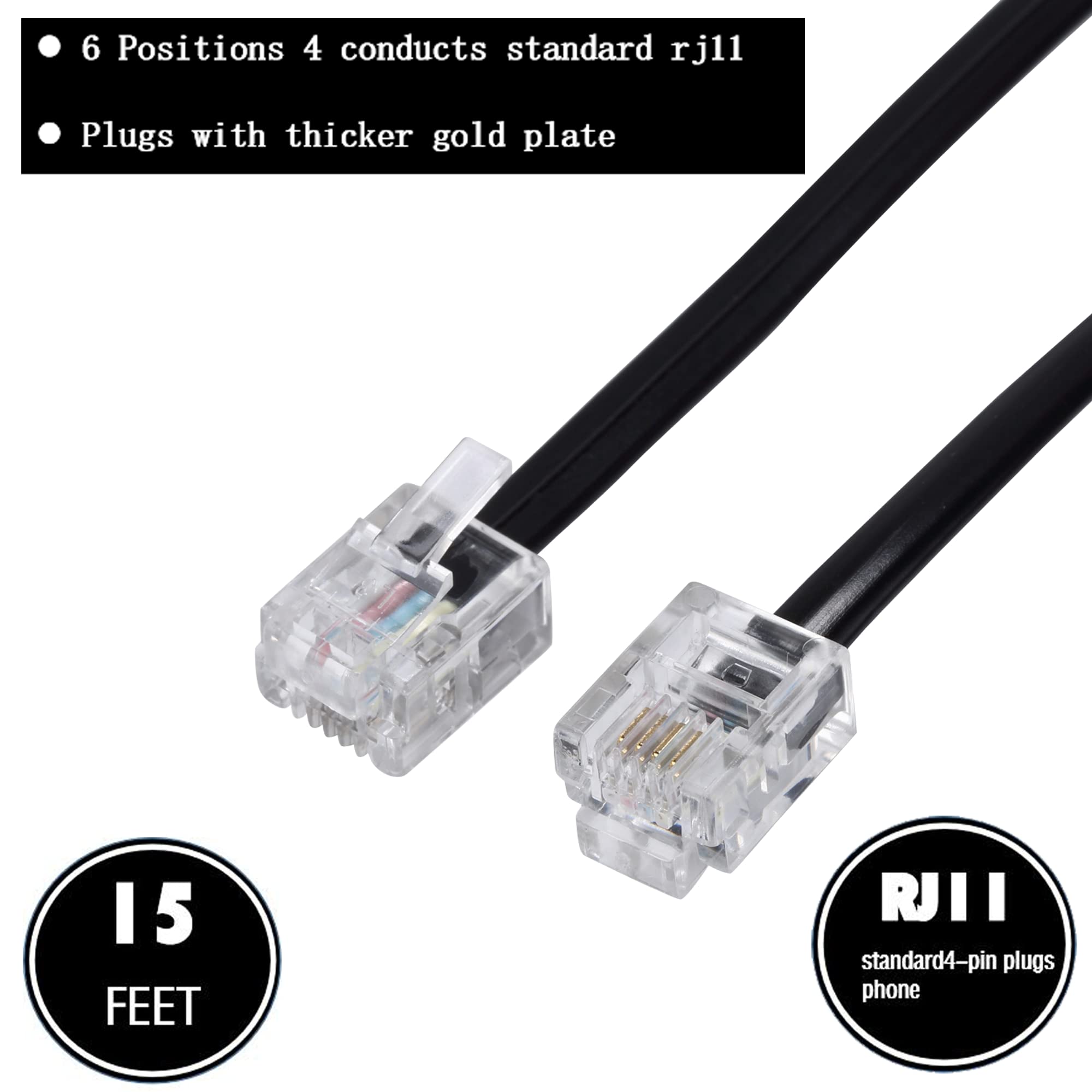 Cavo di prolunga per telefono da 4,6 m con connettori standard RJ11 6P4C per telefono fisso, nero, confezione da 2