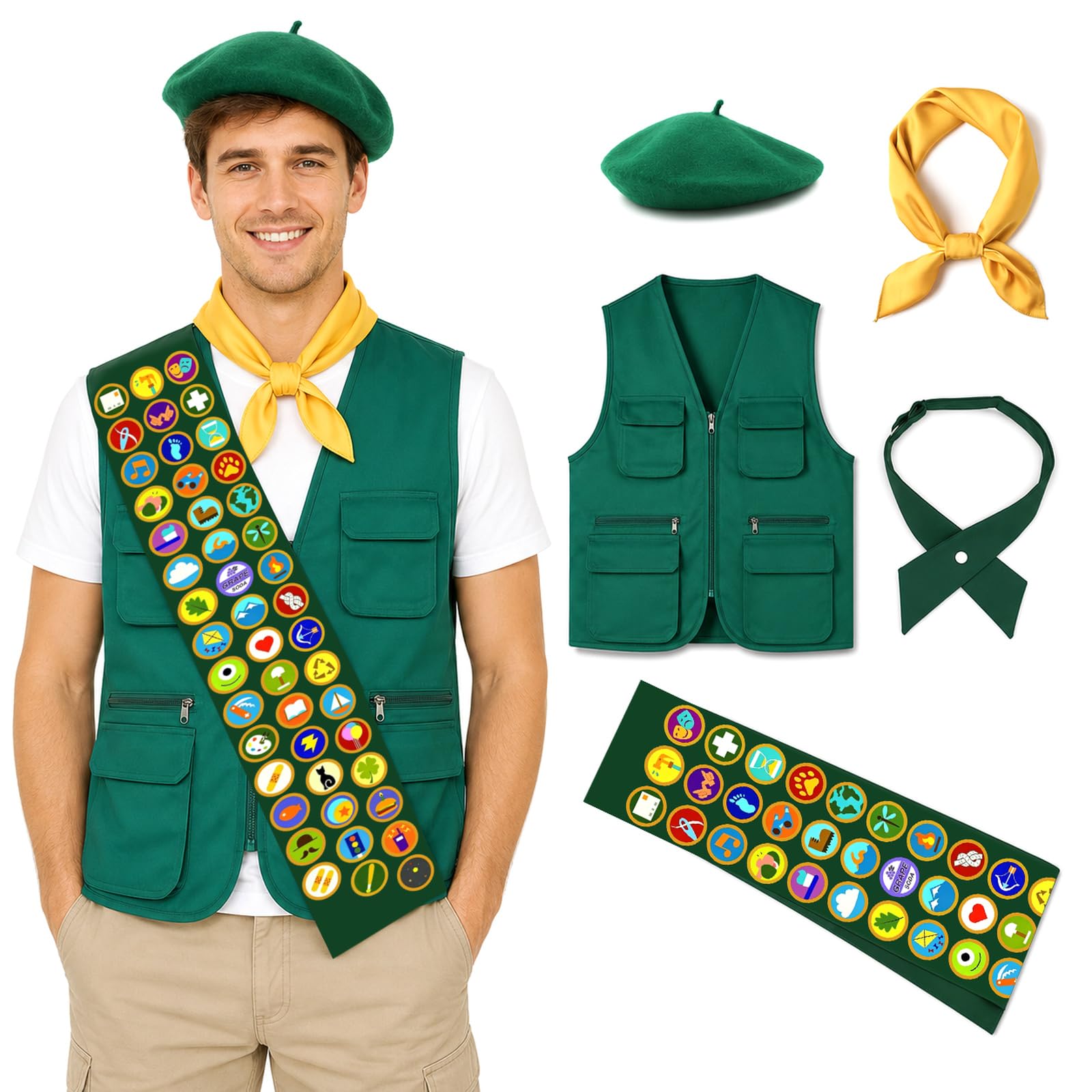 Boyigog Halloween Scout Costume Wilderness Explorer Costume 5PCS Scout Vest Sash Beret Hat Bow Tie Scarf Explorer Fancy Dress Costume for Halloween Party Cosplay (Green, XXL)