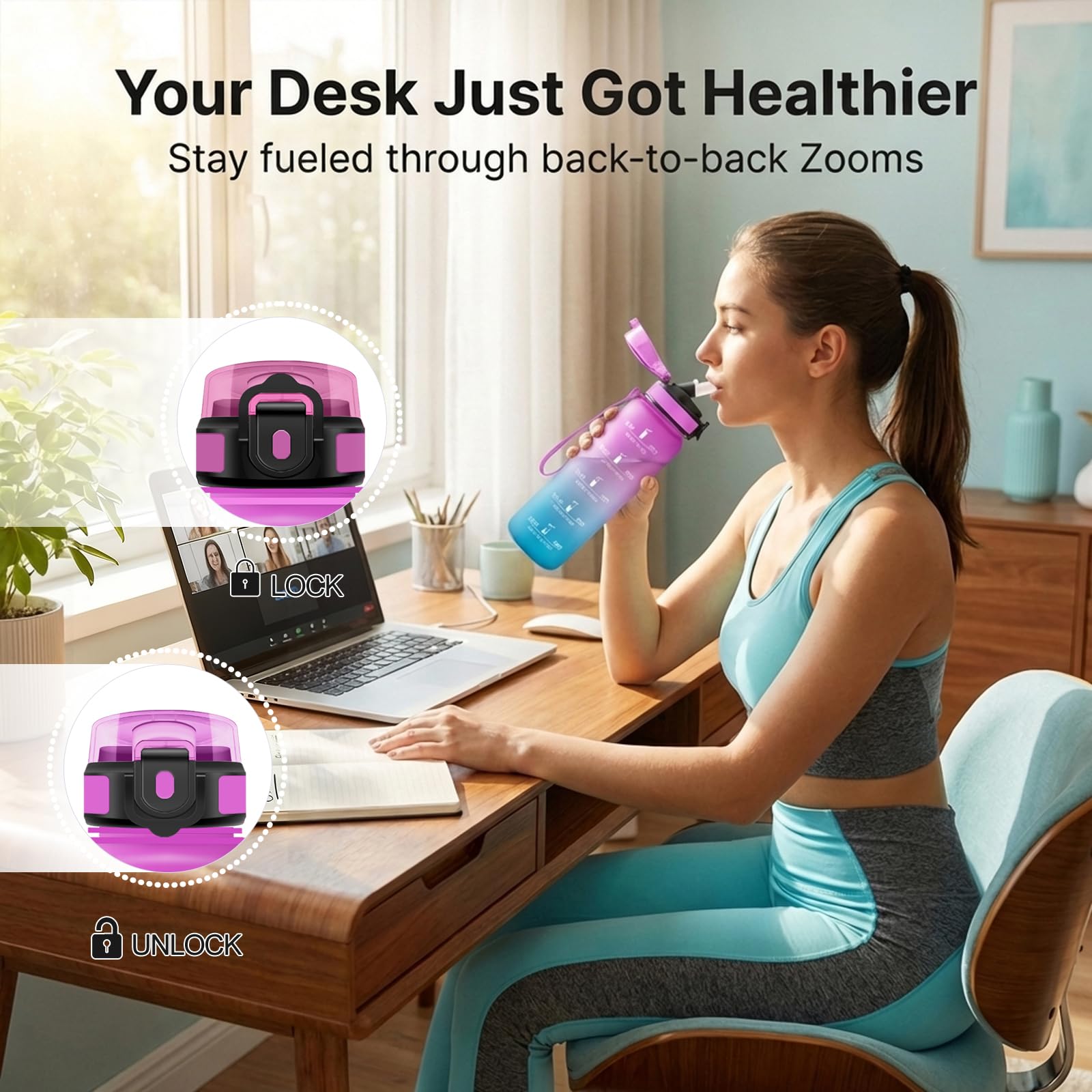 Wasserflasche Sport 1L, Motivierende Trinkflasche mit Zeitmarkierung, mit Strohhalm, Auslaufsicher, Kohlensäure Geeignet, für Camping, Gym - 4