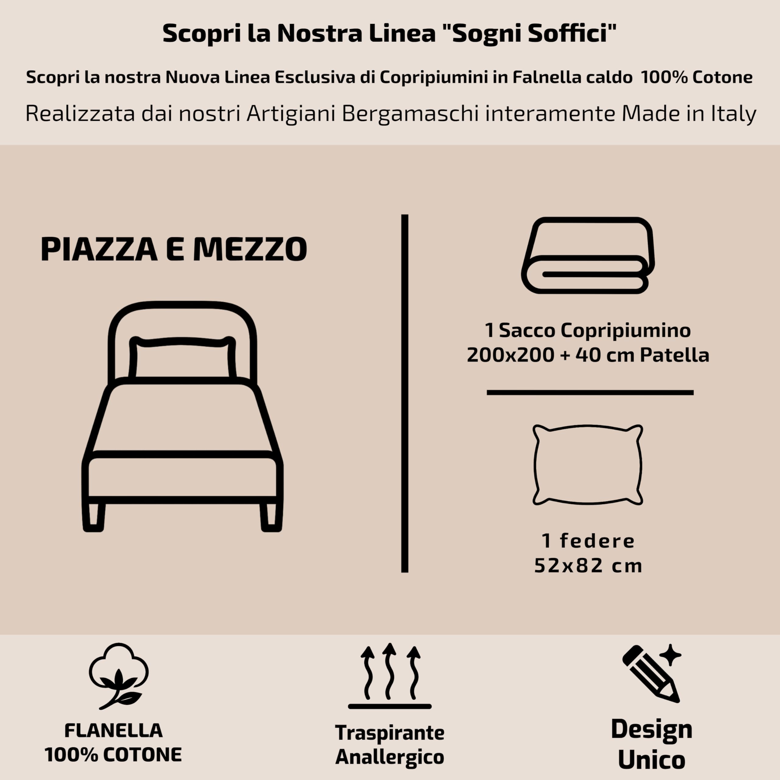 Mahome Set Copripiumino in Pregiata Flanella 100% Cotone Morbido con Trattamento Antipalline - Parure Sacco Piumino con Federe Made in Italy (Seline Beige, Piazza e Mezzo 200x240 + 1 federa 52x82)