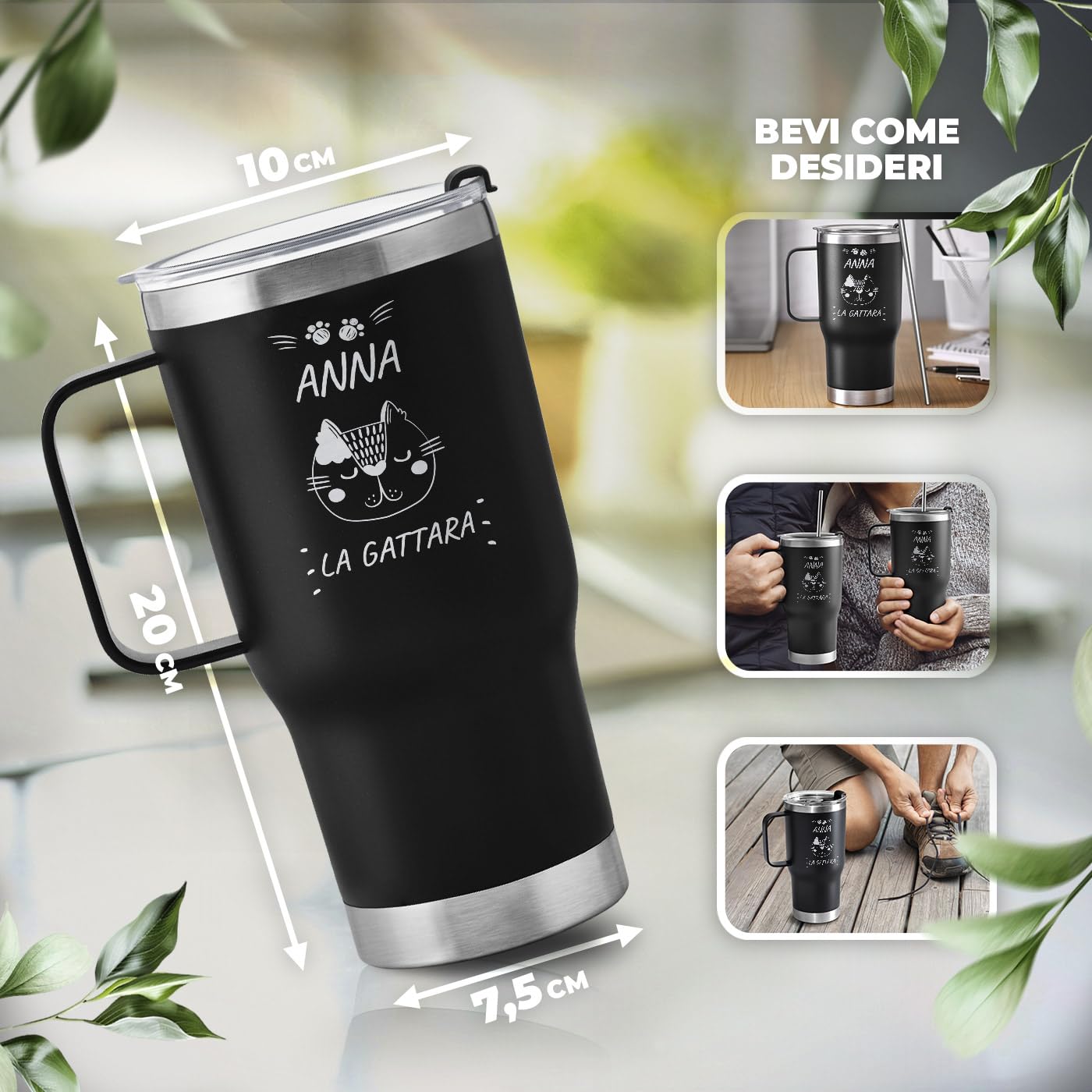 Maverton Tazza termica con manico e cannuccia 600 ml - Borraccia termica con cannuccia - Tazza personalizzata acciaio inox - Bicchiere termico con incisione nero - Idee regalo donna compleanno