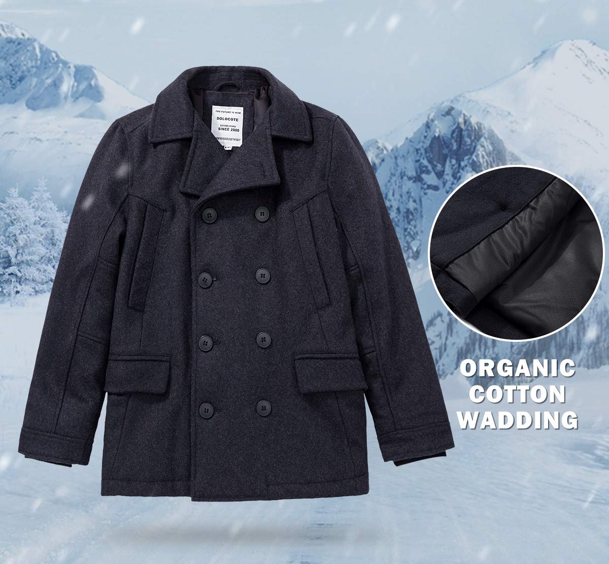 SOLOCOTE Niños Invierno Lana Blend Abrigo de guisante Niños Cuello con muescas Doble Pechera alargada Abrigo trench