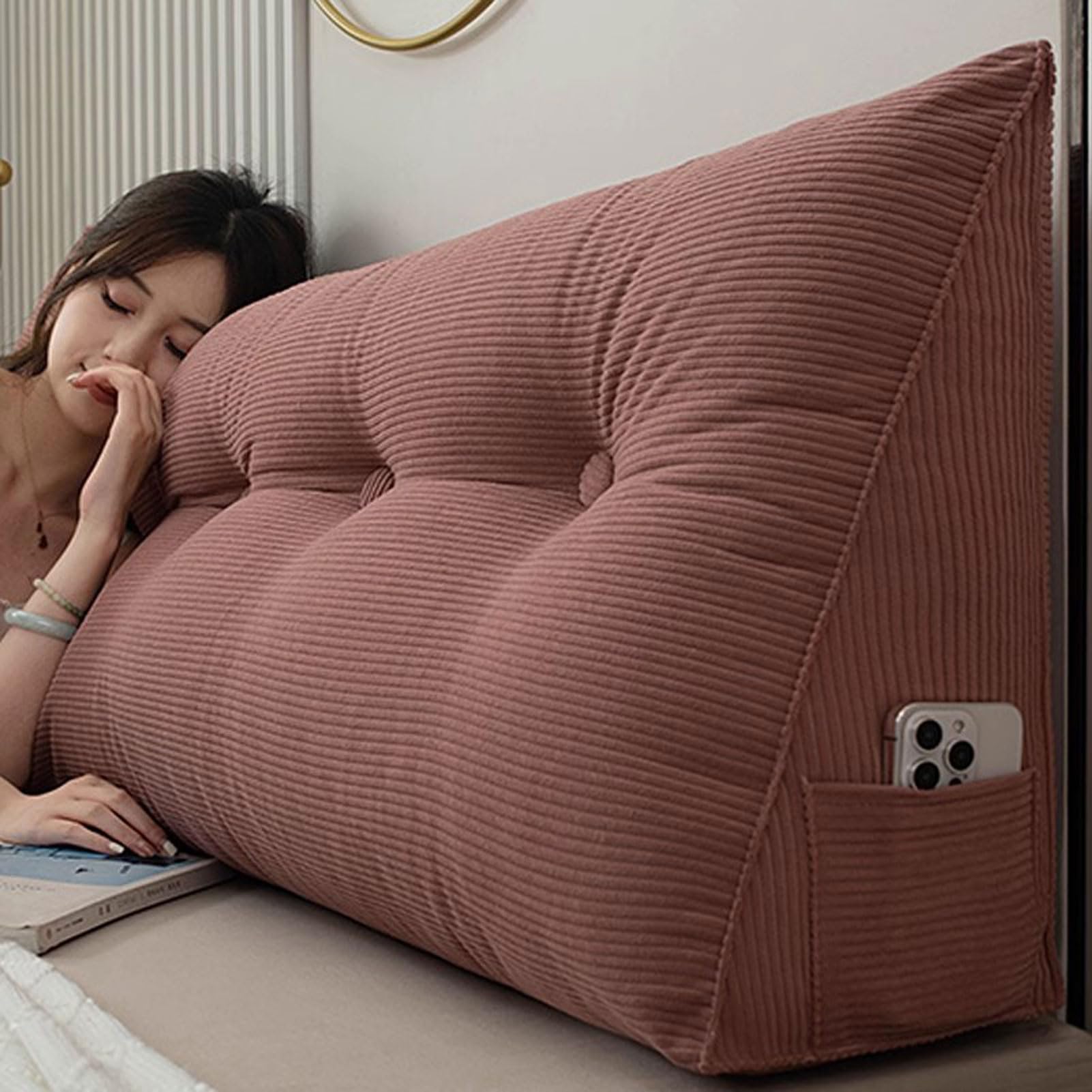 Almohada de Lectura de Cabecera, Cojín de Cuña Triangular, Almohadas de Apoyo Lumbar de Cabecero, con Bolsillo con Cremallera, Multicolor Cojín de Posicionamiento (2 100X50cm)