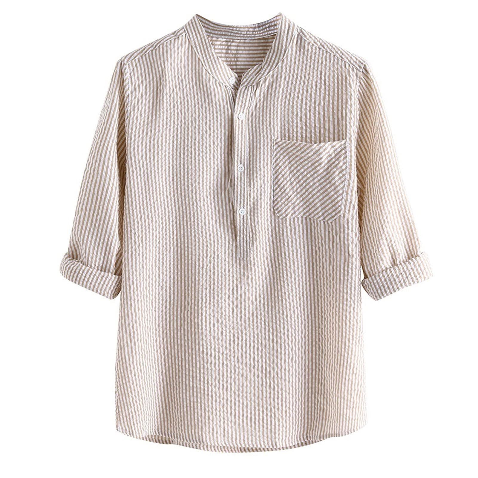 Generic Camisa de lino de manga larga para hombre, corte regular, camisas informales con bolsillo en el pecho, de lino, ligero, transpirable, camisa de verano, suelta, monocolor, textura a rayas, cuello