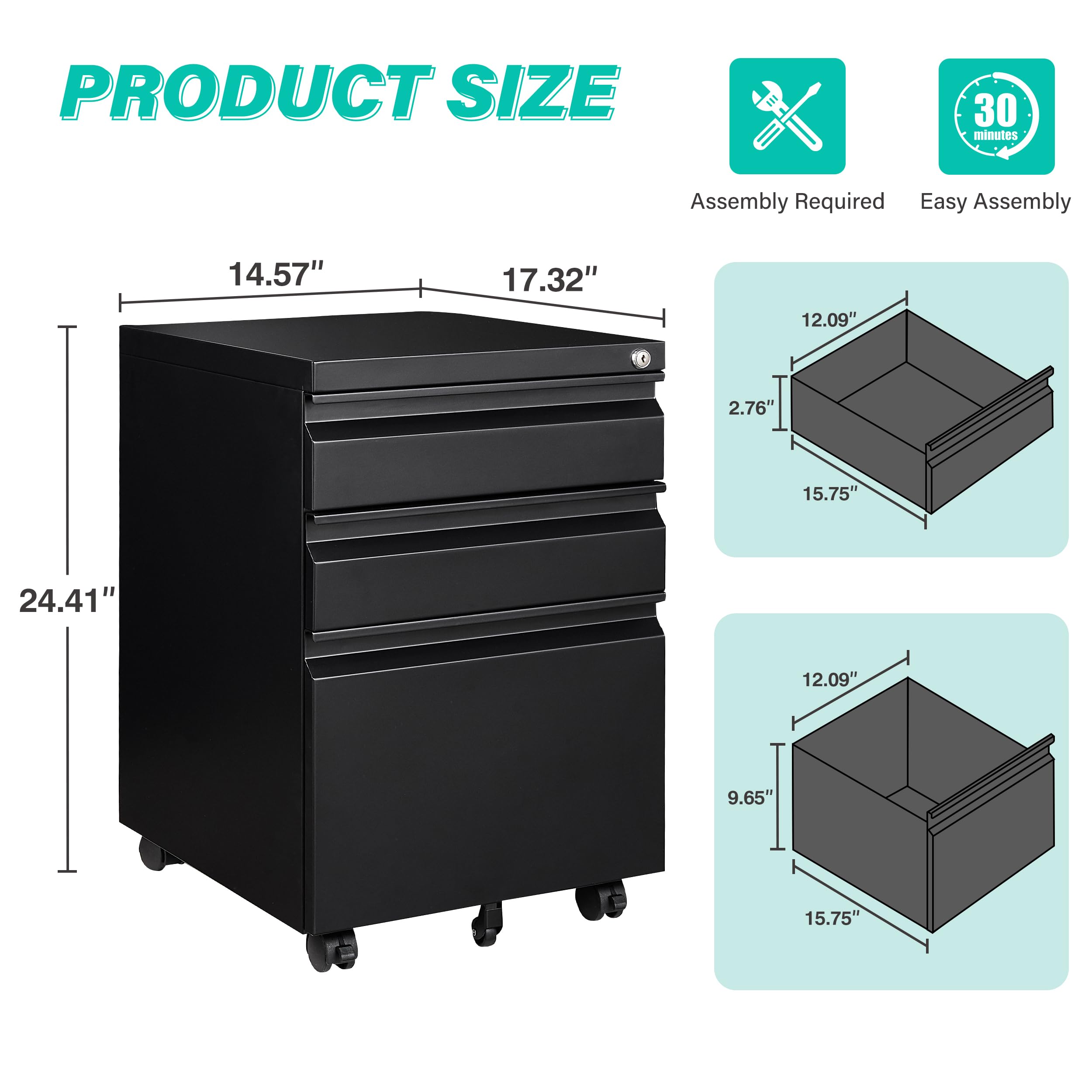 Archivador de 3 cajones con cerradura, archivador debajo del escritorio con ruedas, archivadores rodantes negros, archivador de metal de tres cajones para oficina en casa, apto para archivos A4/carta
