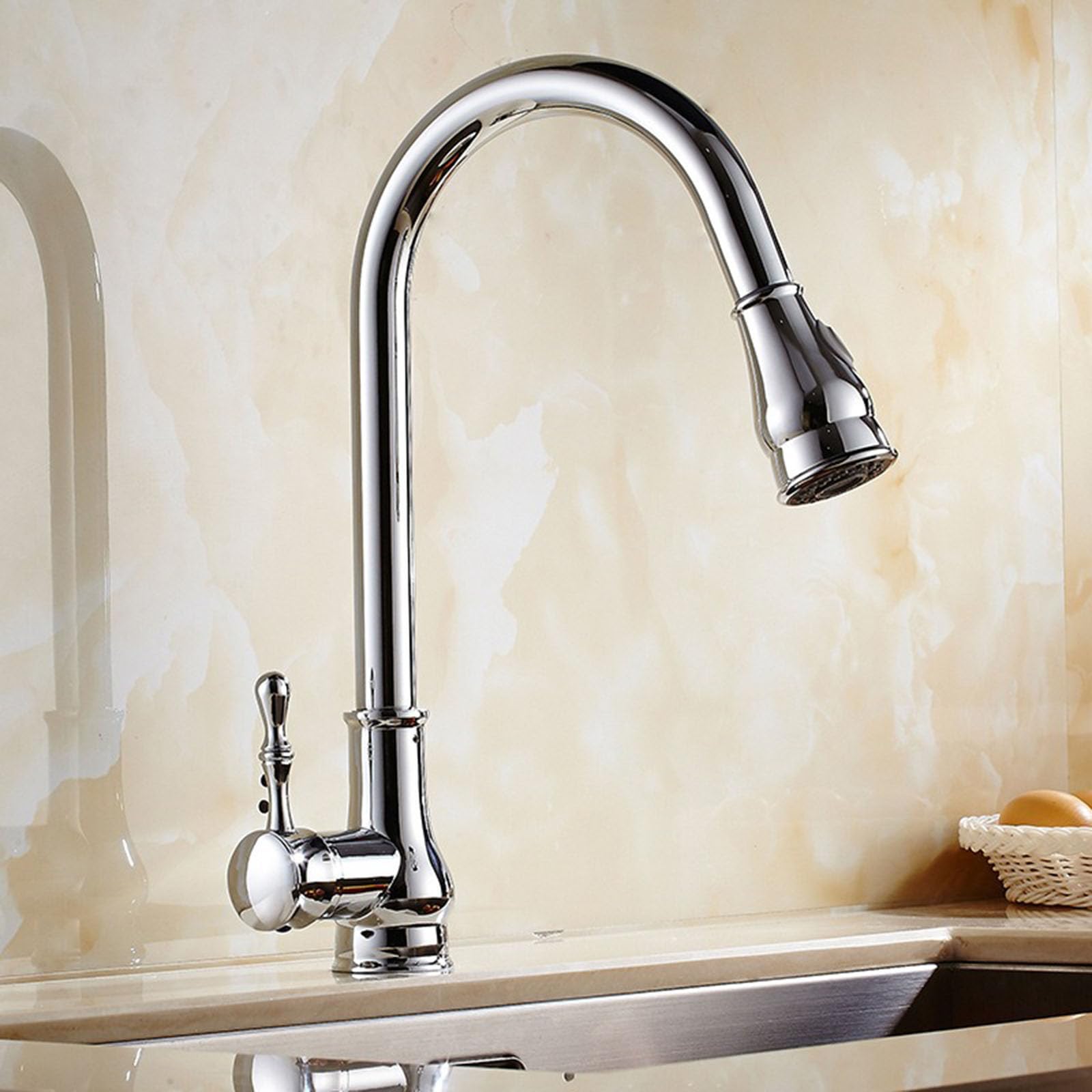 Vintage Kitchen Faucet with Pull-Down Sprayer Swivel Spout Single Handle Hot & Cold Water Chrome Finish Modern Sink Mixer Tap for Renovation