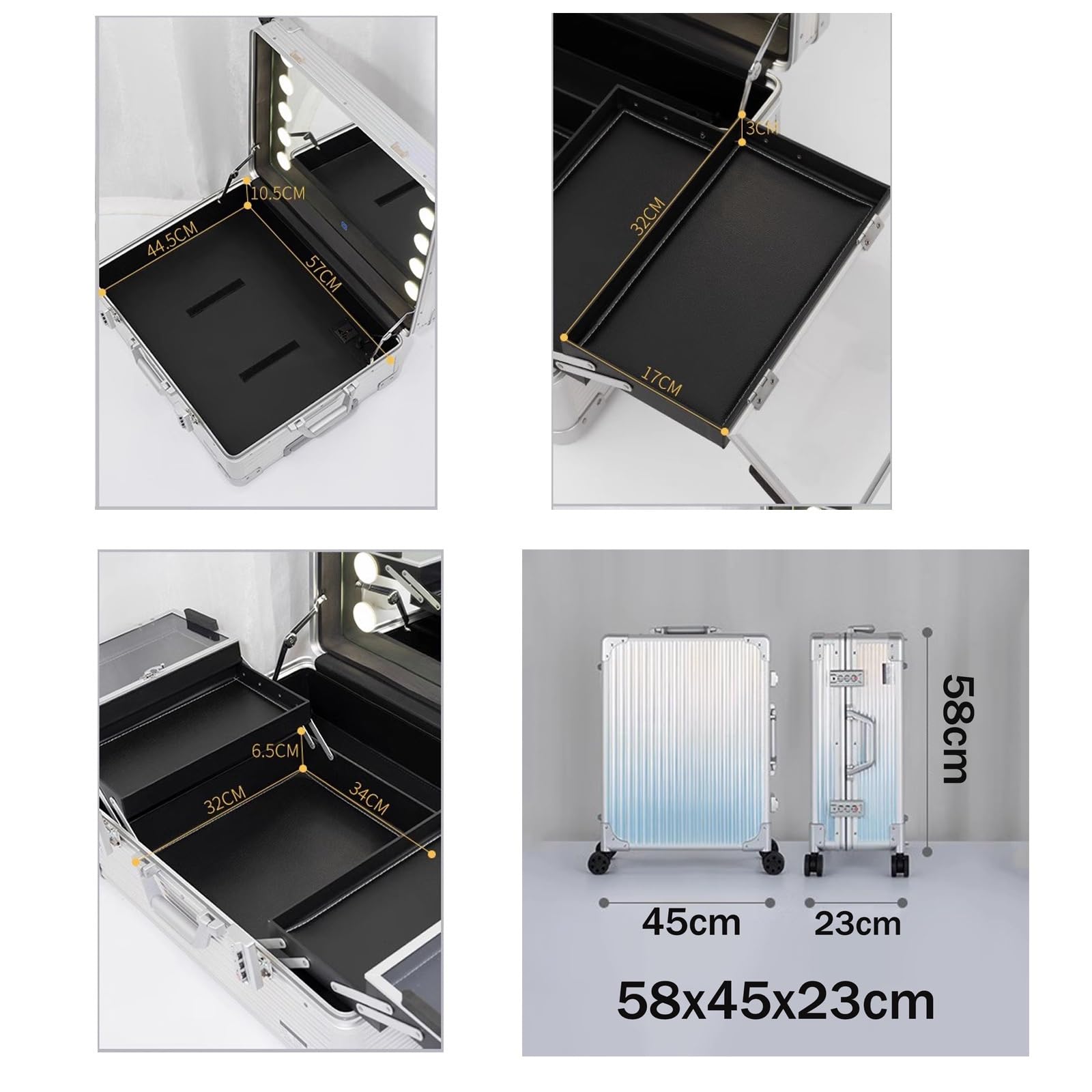 Aluminiowa walizka do makijażu z oświetleniem LED, profesjonalny organizer na kosmetyki ze stojakiem, przenośna toaletka na kółkach dla makijażystów, Srebrny pasek, 58X45X23cm