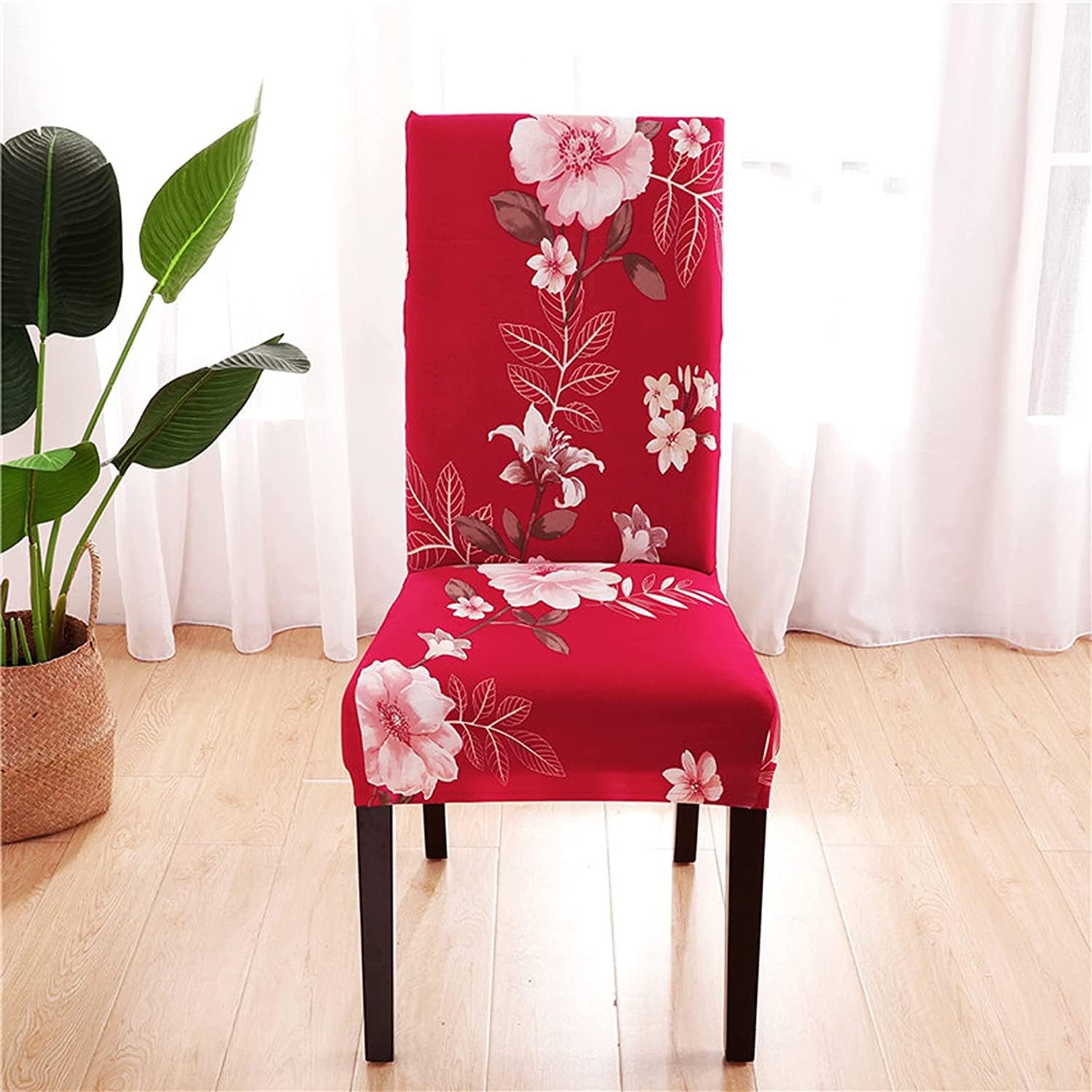 Lukzer 4PC's Red Flower Design Stretchable Dining Chair Cover | Universal Fit Removable Washable Slipcover | 140 GSM Polyester Spandex | Elastic Protective Cover for Home & Hotel Chairs (CC-014-04) 4