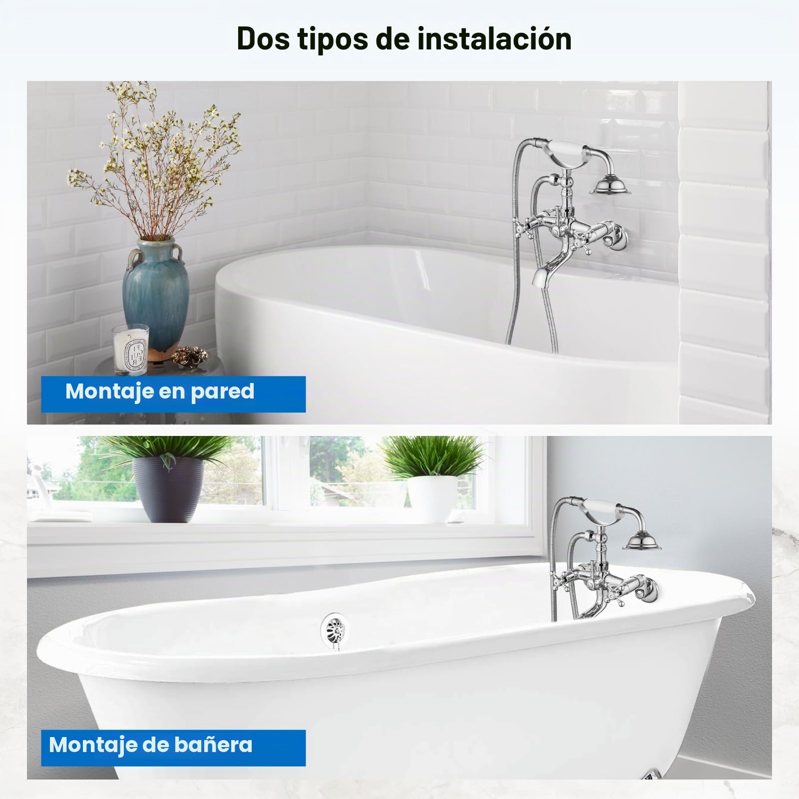 gotonovo Grifo de bañera vintage con patas de garra de montaje en pared de 3 a 9 pulgadas, centro ajustable, cromo pulido, 2 asas dobles, sistema de grifo de ducha con forma de teléfono