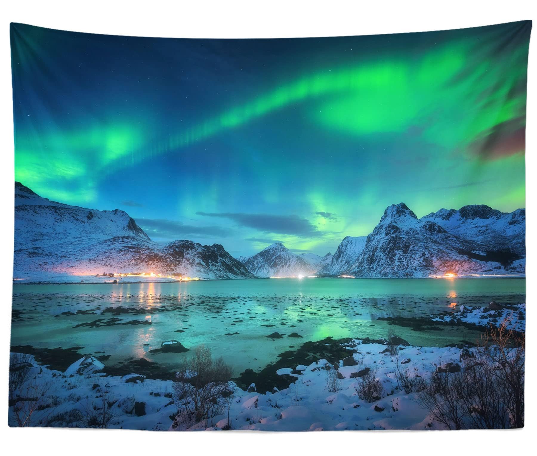 BELECO Northern Lights Wall Hanging - Aurora Borealis Tapestry 92x70 Inch Snow Mountains Lake View Starry Night Norwegian Winter Wall Decor for Living