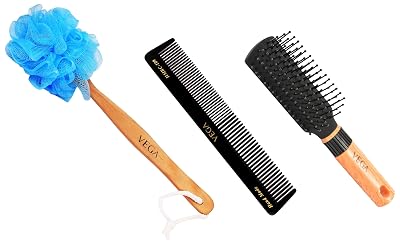 Vega Mini Flat Brush with Wooden Colored Handle and Black Colored Brush Head & Vega Wooden Handle Bath Brush (Color May 