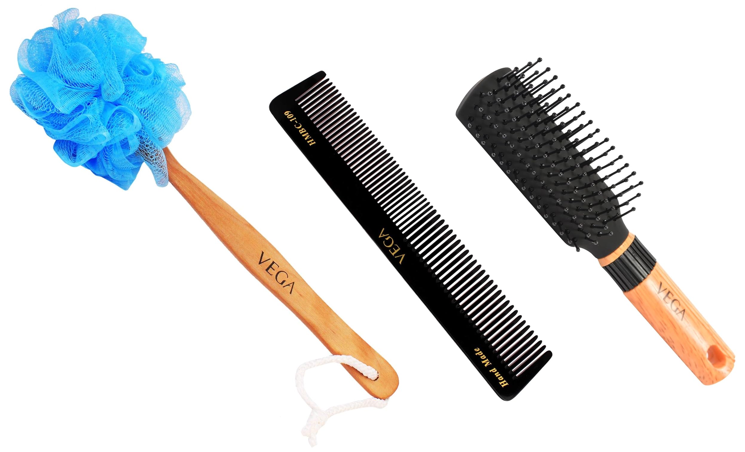 Vega Mini Flat Brush with Wooden Colored Handle and Black Colored Brush Head & Vega Wooden Handle Bath Brush (Color May Vary) & Vega Half Coarse and Half Fine General Grooming Comb, Black-image-47