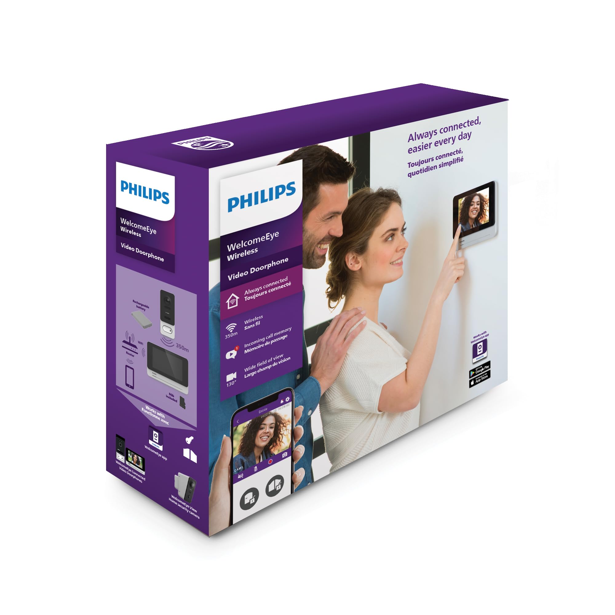 PHILIPS WelcomeEye Wireless, Visiophone Connecté sans Fil, Interphone Vidéo Batterie Rechargeable, Écran Tactile 7 Pouces, Portée 350m, Caméra 1080p Vision Nocturne, Application Smartphone, Noir
