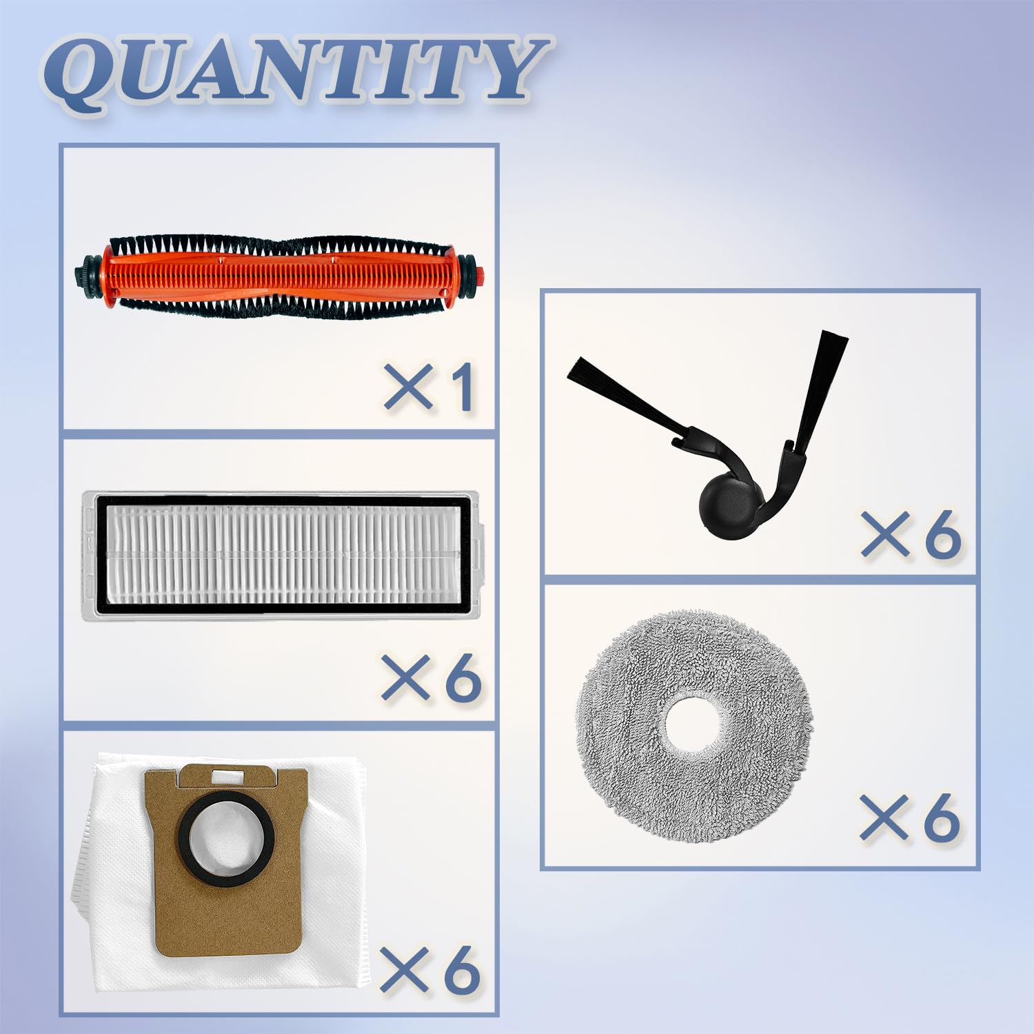 Zestaw akcesoriów zamiennych kompatybilny z Xiaomi Robot Vacuum 5, 5 Pro, części zamienne, Inculde 1 szczotka do strzyżenia włosów, 6 szczotek bocznych, 6 filtrów HEPA, 6 podkładek do mopa, 6 worków