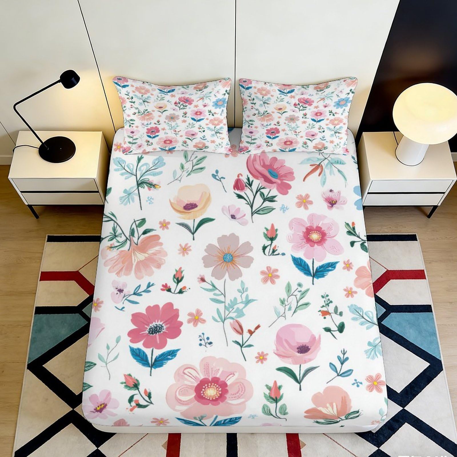3D Printed Watercolor Floral Fitted Sheet Microfiber Soft Pastel Flower Bed Sheet for Bedroom Dorm Mattress Protection Decor 90x200x25cm