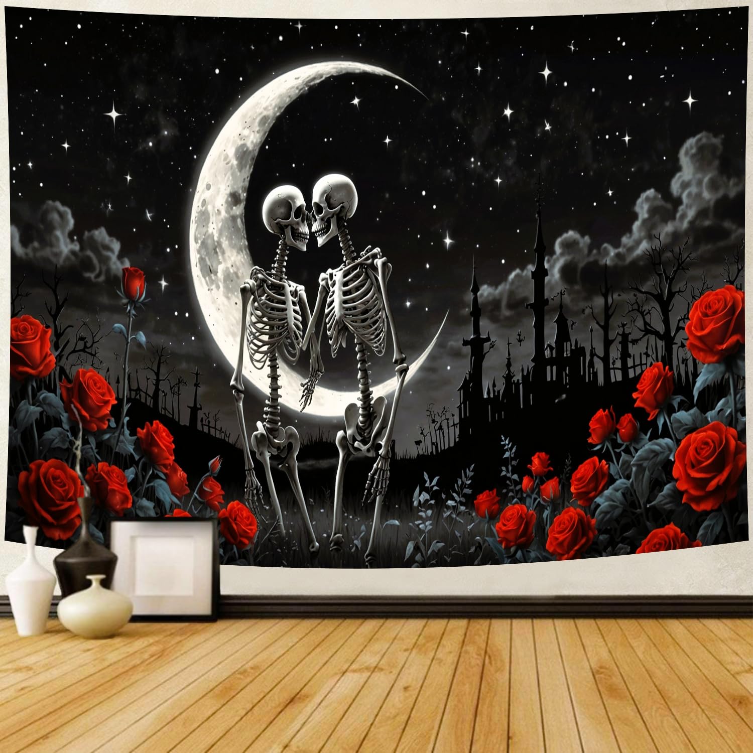 Delur The Lovers Skull Tapestry Gothic Black and White Romantic Constellation Skeleton Tapestry Floral Abstract Psychedelic Wall Hanging Headboard for