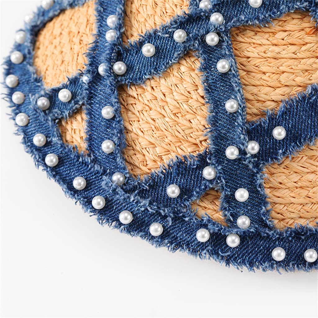 Cappelli da Sole con Visiera firmati per Donna Cappelli da Spiaggia Estivi Cappelli in Rafia Bordi in Denim con Perle Fatti a Mano