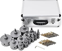 Rikopin Carbide Stainless Steel Hole Saw, w/ Cobalt Replacement Drill, 13 Pcs, w/ Chip Discharge Holes, 3.0/2.8/2.6/2.0/1.8/1.5/1.4/1.3/1.2/1/0.9/0.7 in (75/70/65/55/50/45/38/35/32/30/25/22/19 mm)