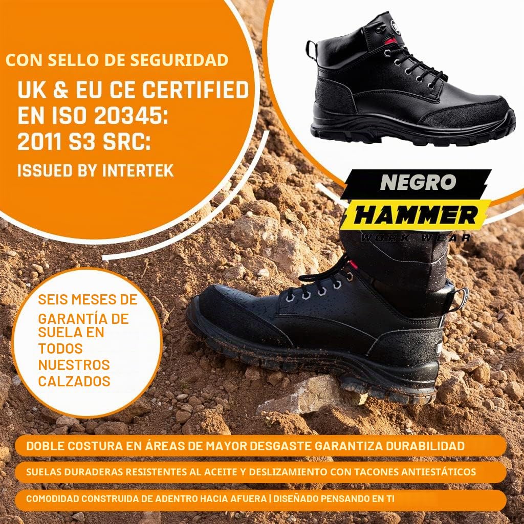 BLACK HAMMER Botas de Seguridad para Hombre con Puntera de Acero S3 SRC Zapatos de Trabajo de Cuero 7700 (43 EU)