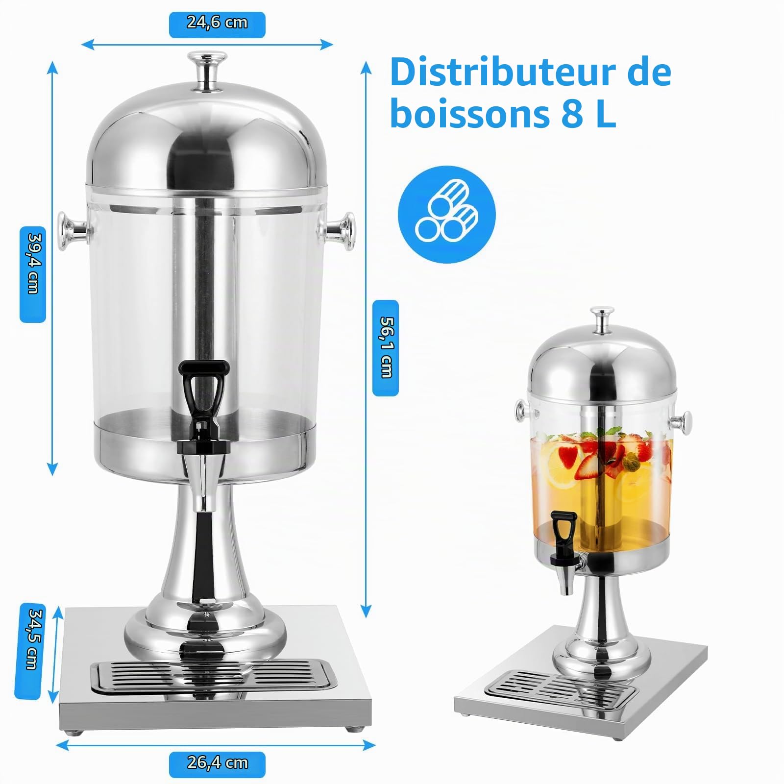 Garvee Distributeur de boissons professionnel 8L – Acier inoxydable | bac à glace, robinet, plateau égouttoir – Idéal pour jus, thé glacé, limonade, événements – Simple tête, argenté