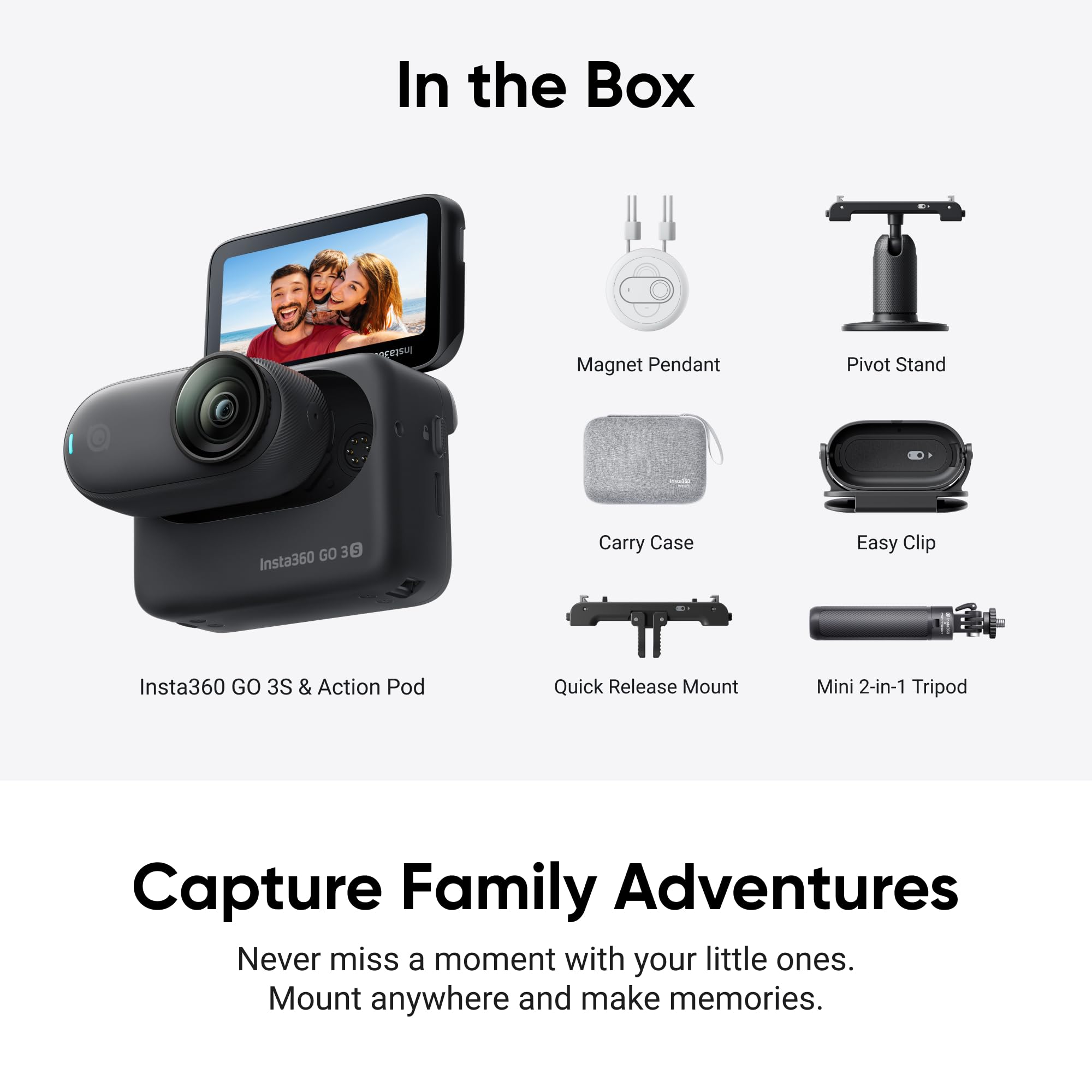 Insta360 Zestaw podróżny GO 3S - kamera vlogowa 4K, POV, zestaw głośnomówiący tam, gdzie chcesz, stabilizacja, bateria 140 min, wodoodporna 10 M, edycja AI, Apple Find My, Vlog, podróże, czarny