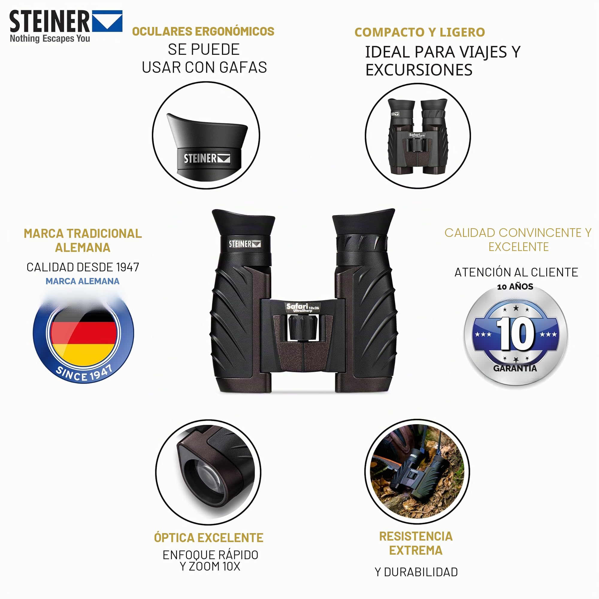 STEINER Prismáticos Safari UltraSharp 10x26 - Óptica de Calidad Alemana, Zoom 10x, Compacto, Ligero, Ideal para Viajes, Senderismo, Deportes y observación de la Naturaleza