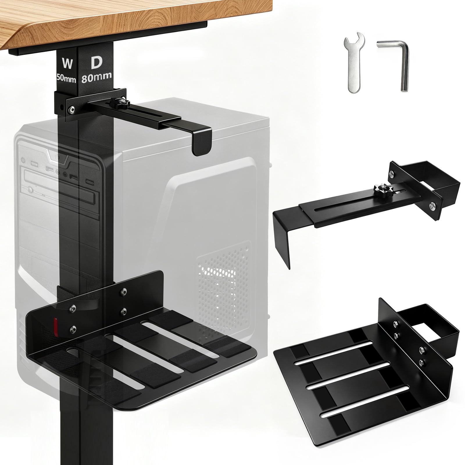Supporto per PC sotto la scrivania, supporto regolabile per CPU senza foratura, per scrivanie regolabili in altezza, solo per gambe del tavolo da 80 × 50 mm, portata fino a 18 kg, facile da
