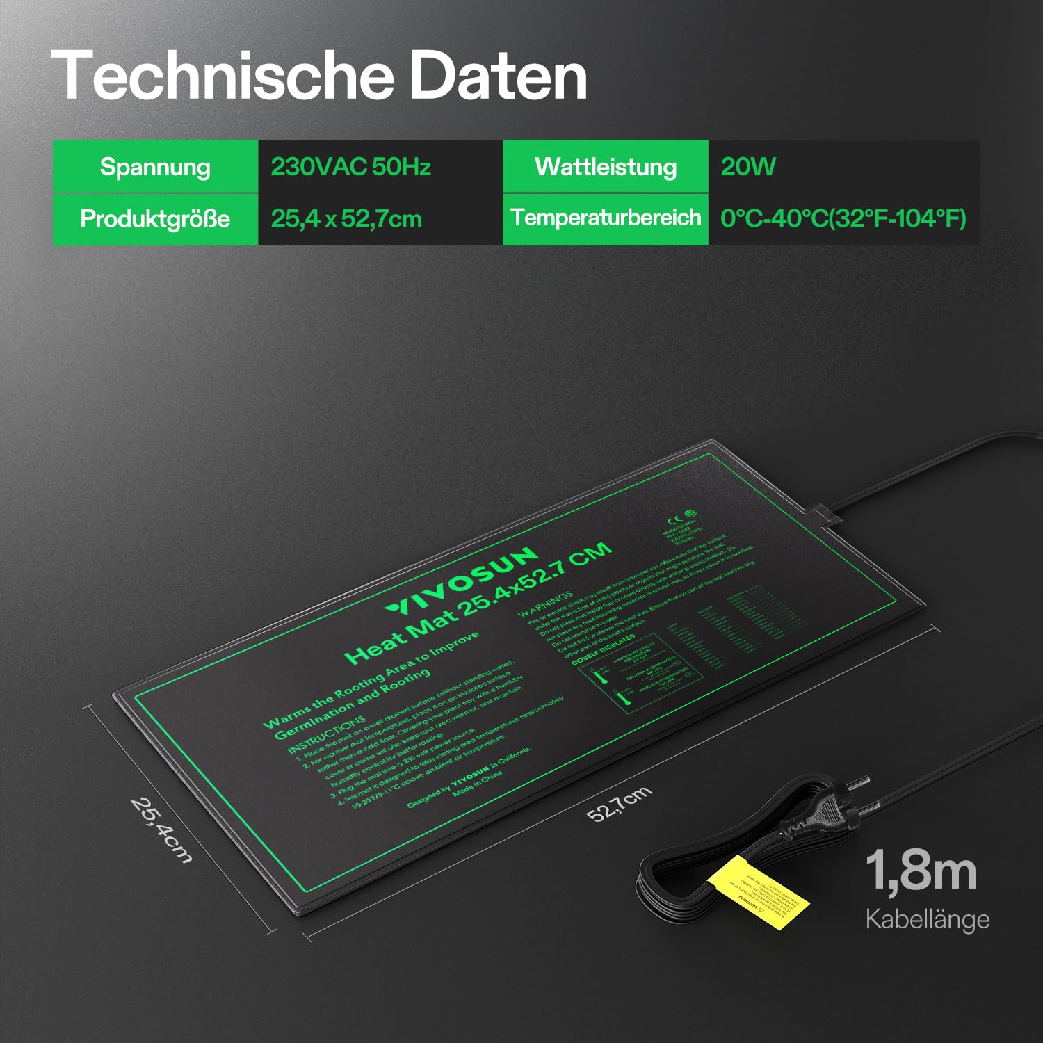 VIVOSUN Heizmatte 25,4x52,7cm für Setzlinge, Wasserdichte Wärmematte UL & MET Zertifiziert, Pflanzen-Heizmatte für Keimung, Hydroponik, Indoor Garten & Gewächshaus