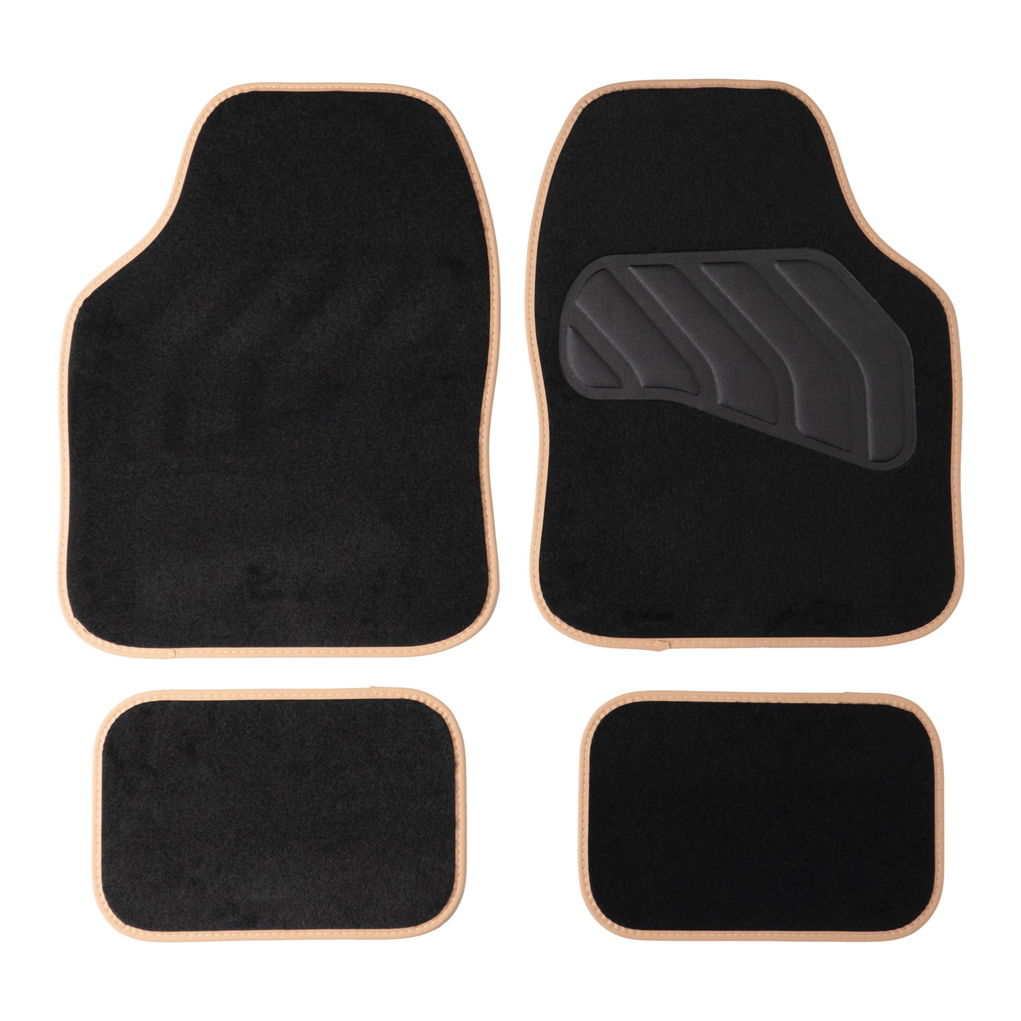 Sakura Floor Mats For Cars SS5467 - 'Pastel' Black Carpet Beige Trim - Full Set Of 4 Universal Fit - Hard-Wearing Pile, Anti-Slip Backing, UK Made, Heelpad