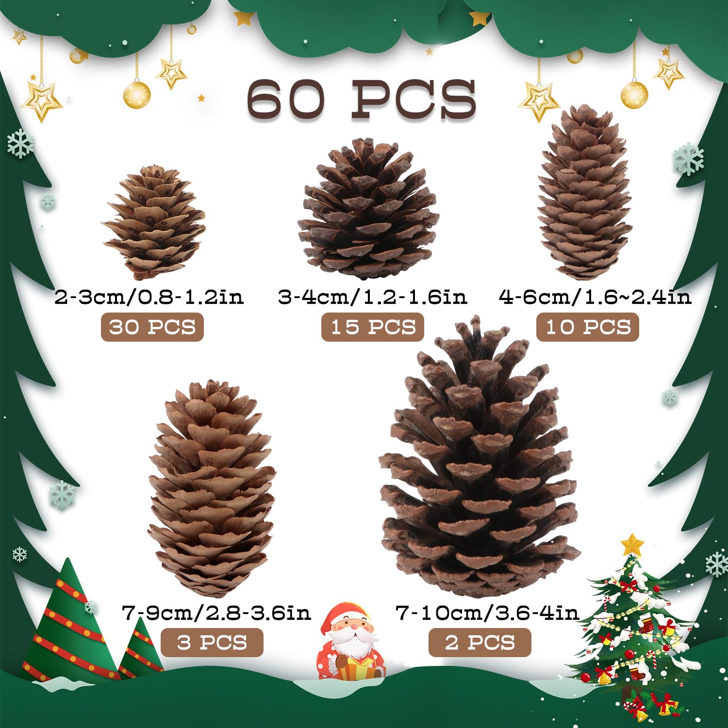 Jangostor 60 Piezas Piñas Decorativas Navidad, Paquete a Granel de Conos de Pino Secado Natural - Grande Mediano y Pequeño, Piñas Decorativas para Mesa árbol Manualidades Regalos Halloween Navideña