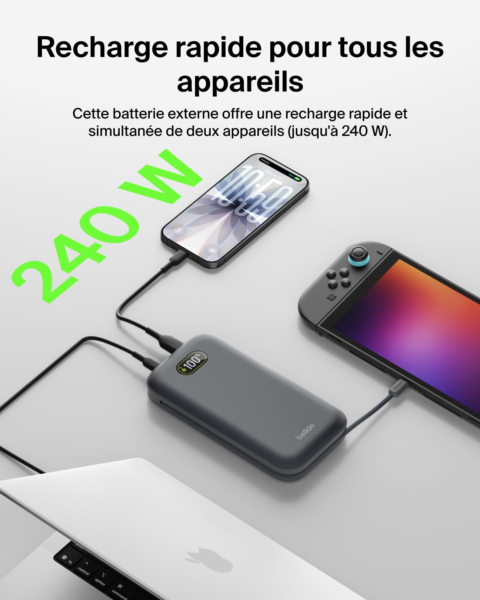 Belkin UltraCharge Pro Batterie Externe 27000mAh, Chargeur Portable avec Câble USB-C Intégré, USB PD 240 W, Power Bank Charge Rapide pour MacBook Pro, iPhone, iPad, Galaxy, Pixel, etc., Gris