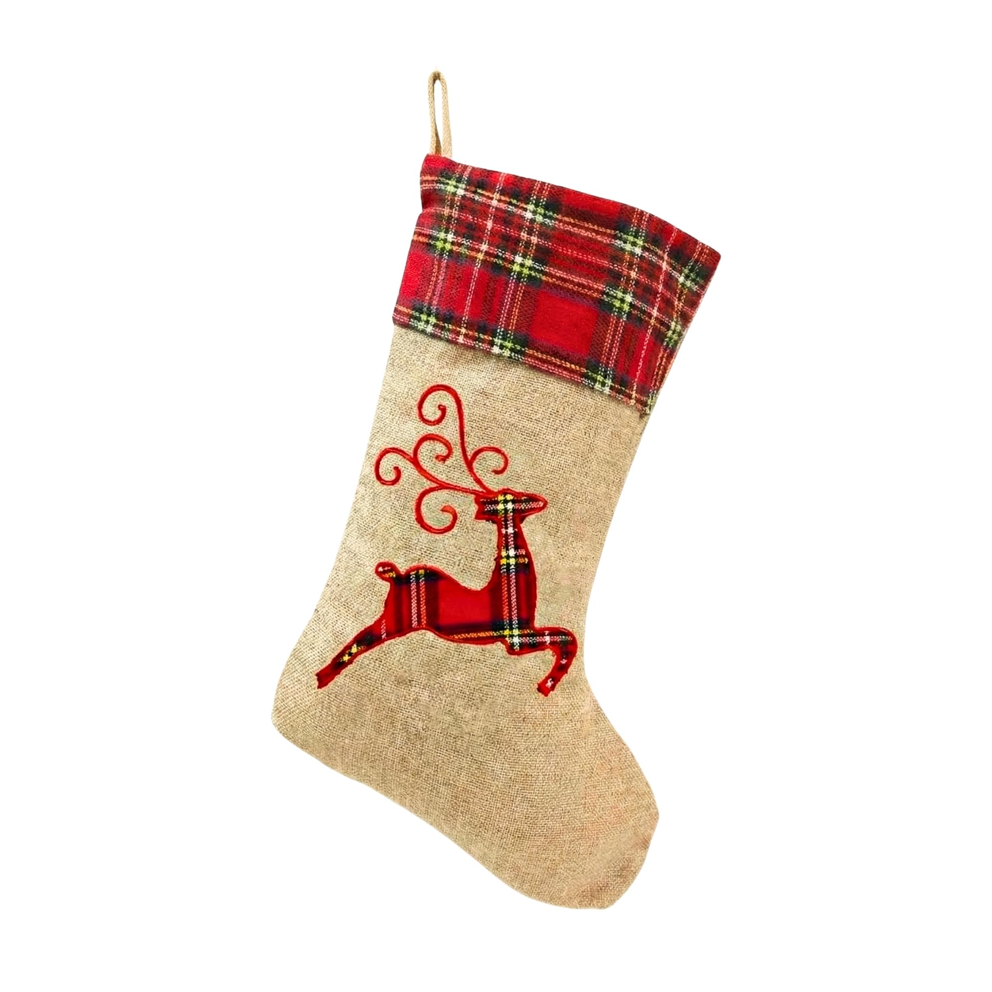Shatchi Reindeer 45Cm Large Xmas Stocking, Burlap Hessian Linen Hanging Christmas Sack Sock With Festive Printed Design, Reusable Fireplace Stocking For Sweets, Toys And Holiday Home Decorations