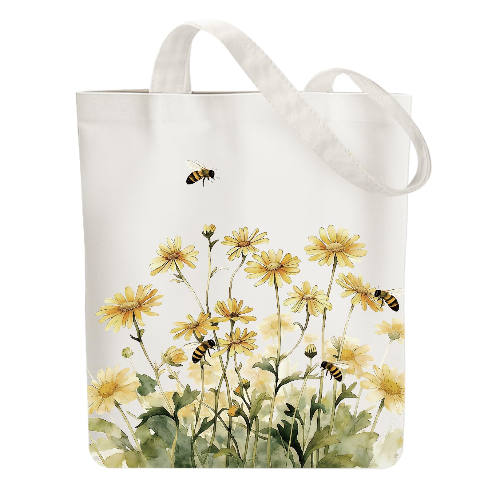 ANATTASOUL Canvas Tote Bag Bees and Flowers Reusable Cotton Bag for Women, 15.74"x14.96" Durable and Foldable Cloth Shoulder Bags with Zip Pockets for Shopping, Vacation, Work, Gym, Gifts