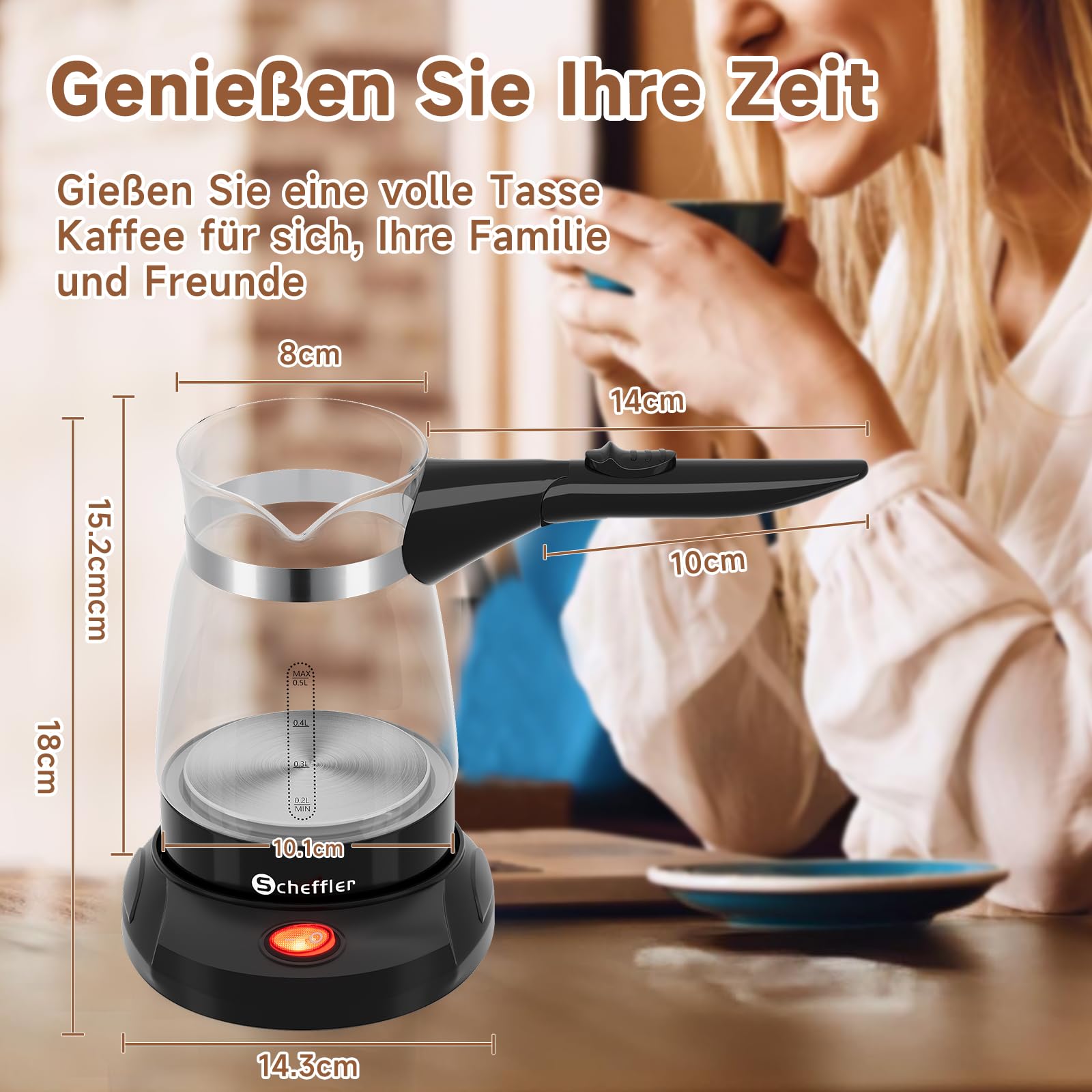 SCHEFFLER Turecki ekspres do kawy, elektryczny zaparzacz do kawy 500 ml, mokka, dzbanek do kawy, indukcyjny z zabezpieczeniem przed przegrzaniem, stal nierdzewna 304, szkło, Turkish Coffee Maker do