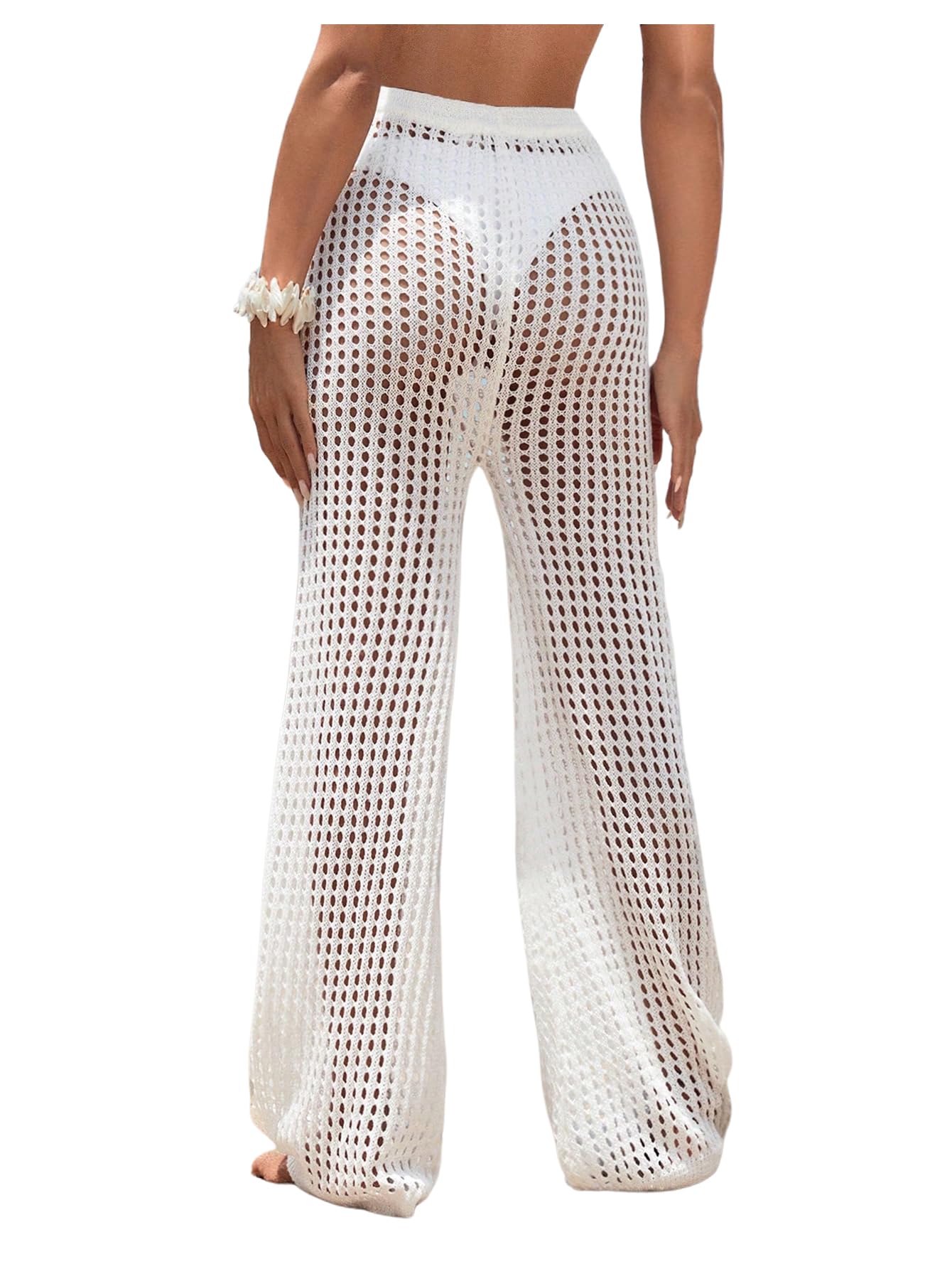 COZYEASE Womens Beach Cover Up Pants Hollow Out Drawstring Elastic High Waist Bathing Suit Cover Up Beach Pants