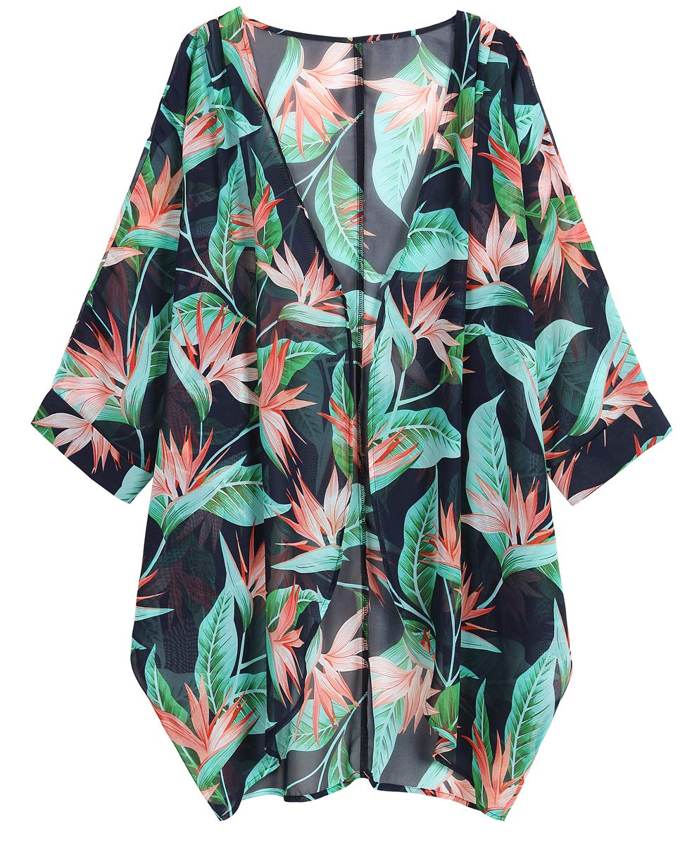 OLRAIN Women's Floral Print Sheer Loose Kimono Cardigan Capes (Medium, Red Canna)