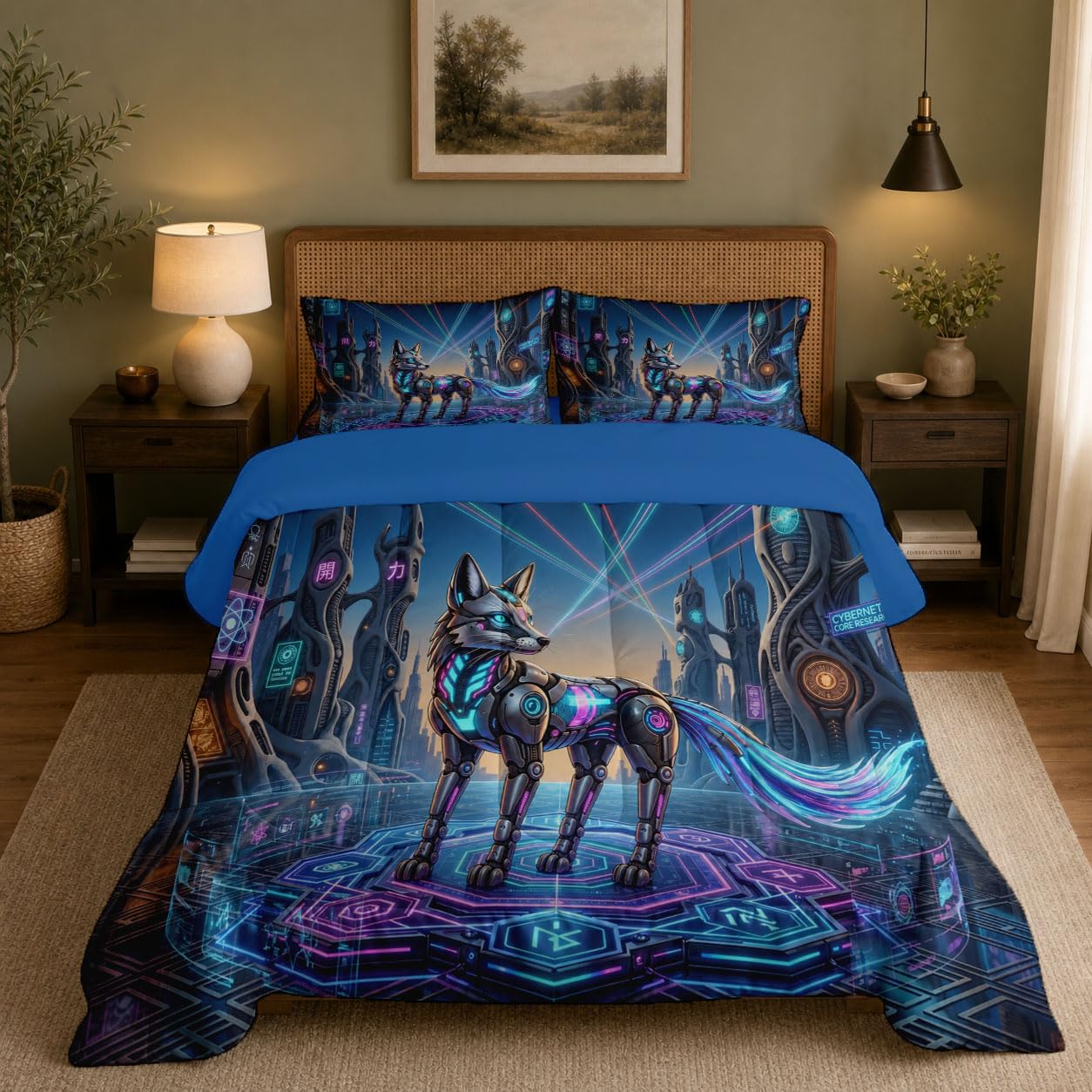 Piumone 2-In-1 Letto Singolo 140X200 Cm Animali Cibermeccanici | Trapunta E Piumino Reversibile 4 Stagioni, Architettura Futuristica Volpe, Copriletto Lavabile Morbido Leggero, Blu Navy