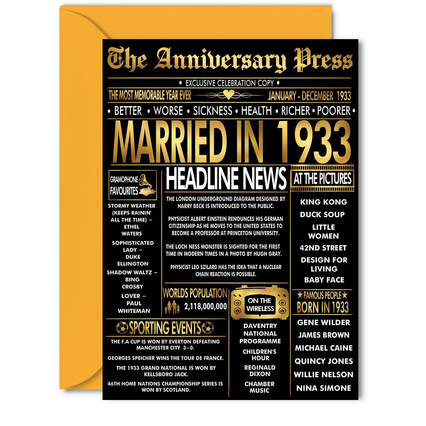 Gold 93rd Anniversary Card for Women Men - Golden Newspaper Married in 1933-93 Year Wedding Anniversary Card for Wife Companion Husband Partner, 5x7 Inch Anniversaries Greeting Cards
