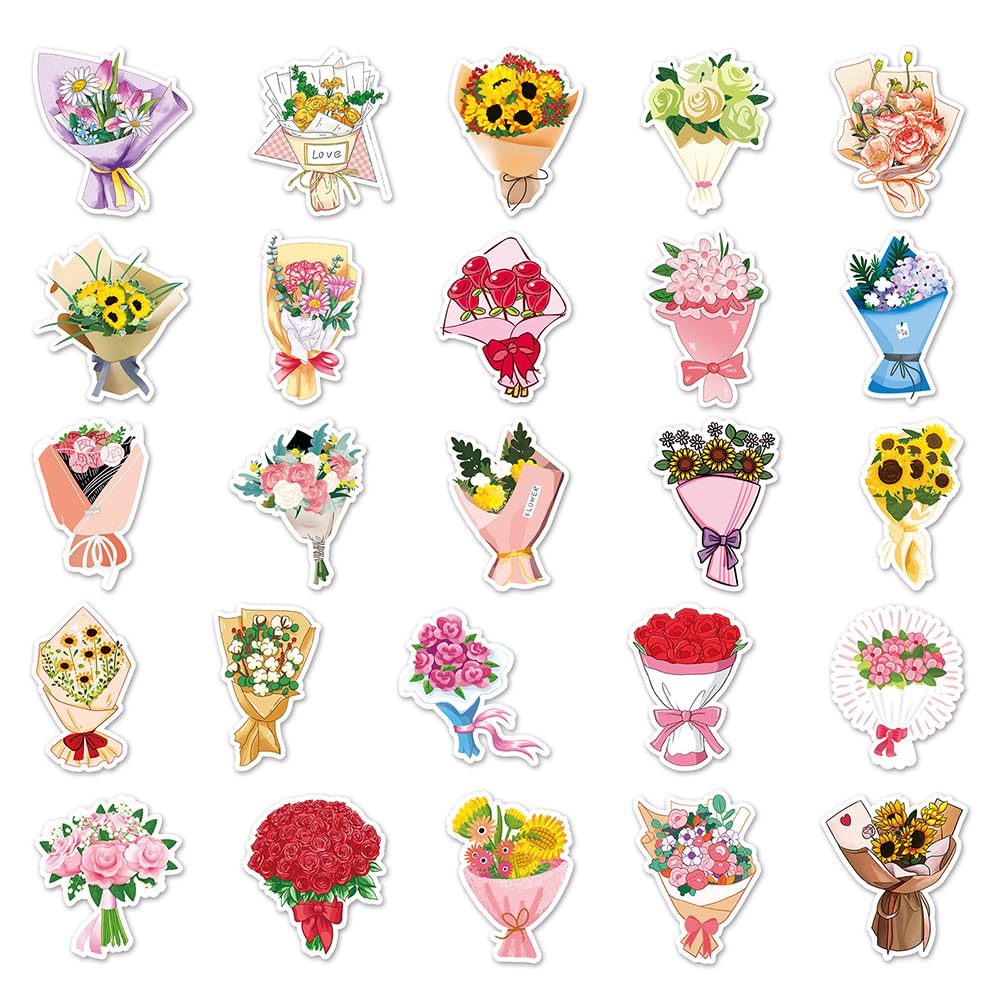 Romantic Flower Bouquet Vinyl Stickers, 50 PCS Cute Rose & Sunflower Bouquet Decals for Journals Scrapbooking, Laptops - Image 2